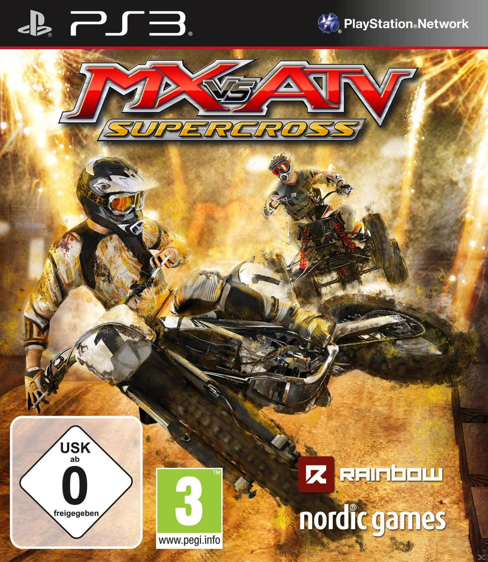 PS3 Spielcover: MX vs ATV Supercross mit zwei Fahrern auf Quads in Action.