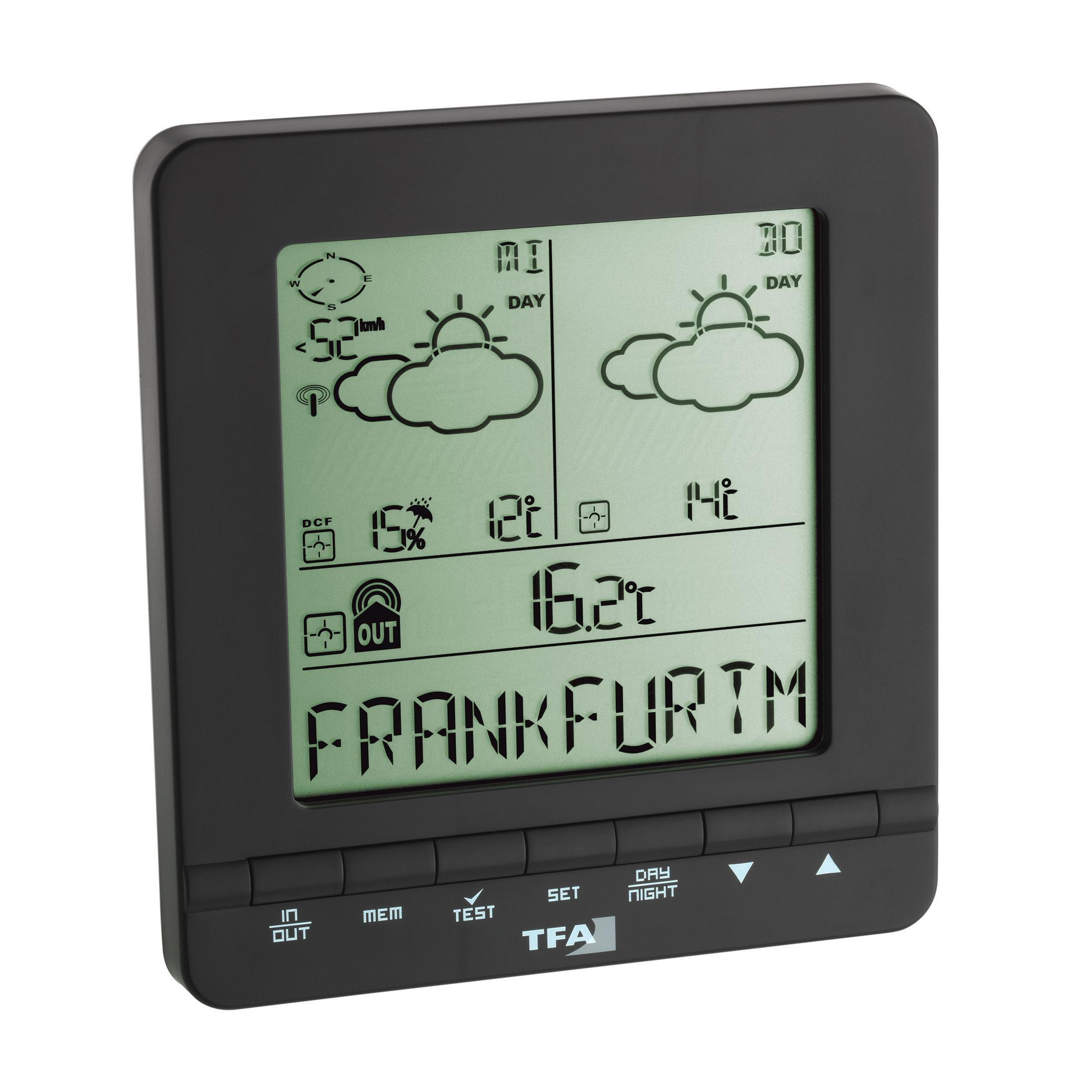 Digitale Wetterstation zeigt Temperatur, Luftfeuchtigkeit und Windgeschwindigkeit an.
