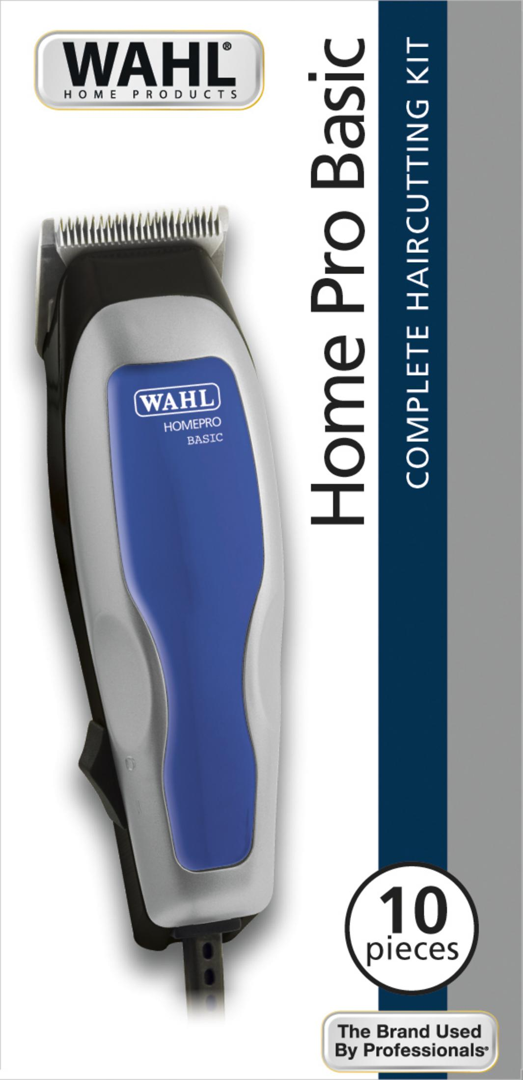 Una cortadora de cabello Wahl plateada y azul con la marca "Home Pro Basic".