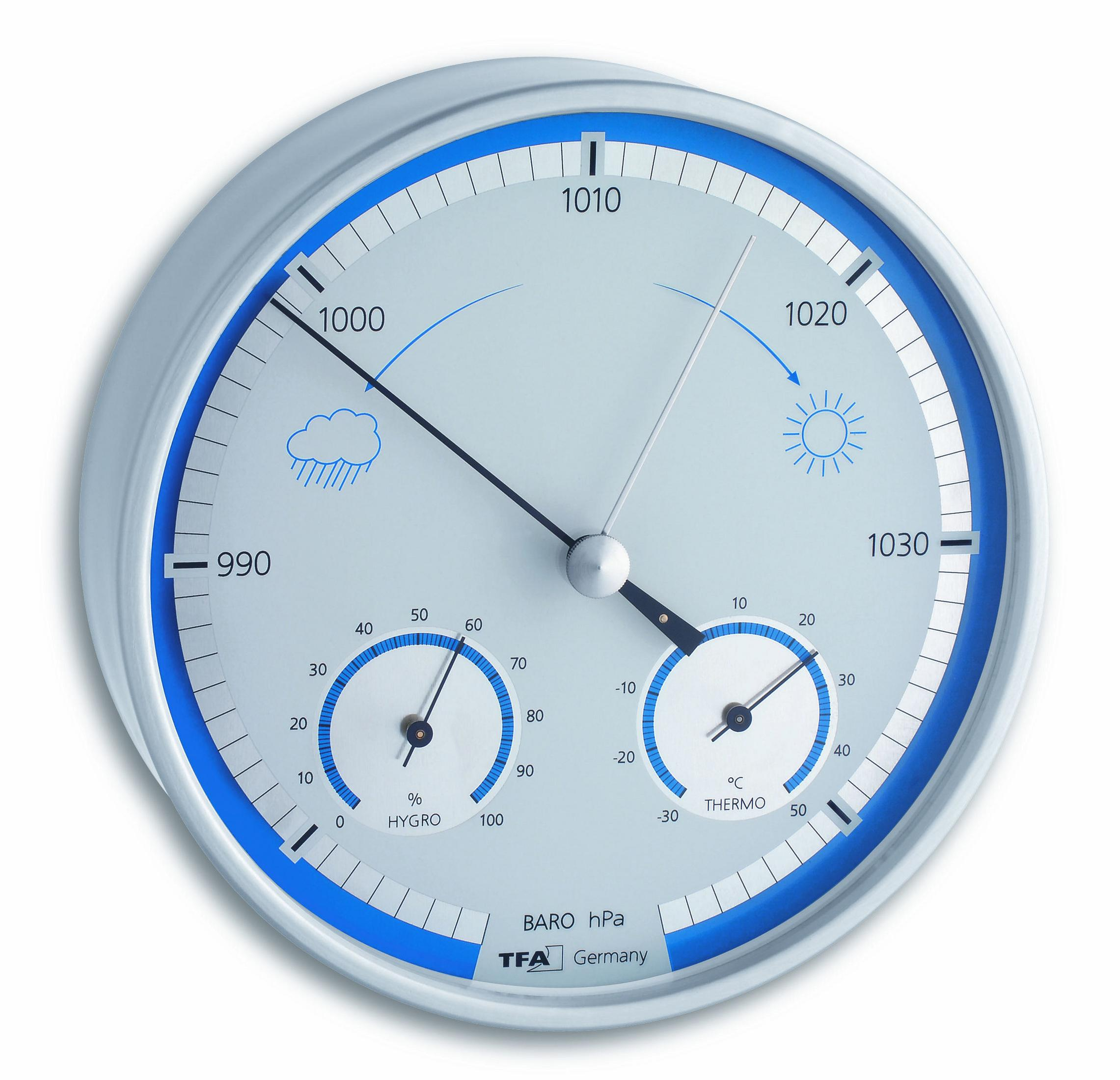 Eine runde TFA-Wetterstation mit Barometer, Hygrometer und Thermometer.