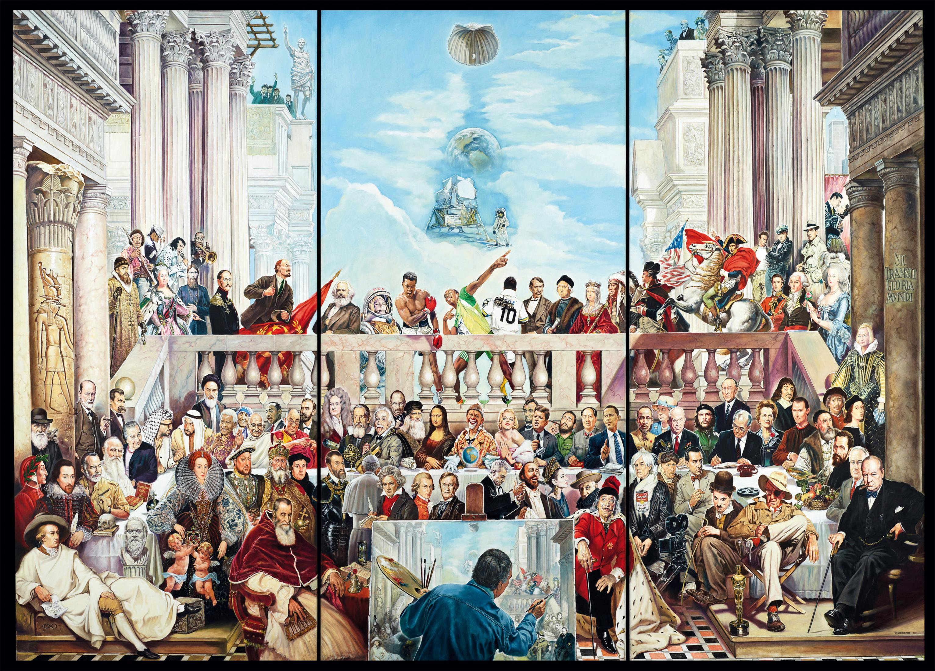 Eine detaillierte Malerei historischer und moderner Persönlichkeiten, die in einer surrealen Szene versammelt sind.