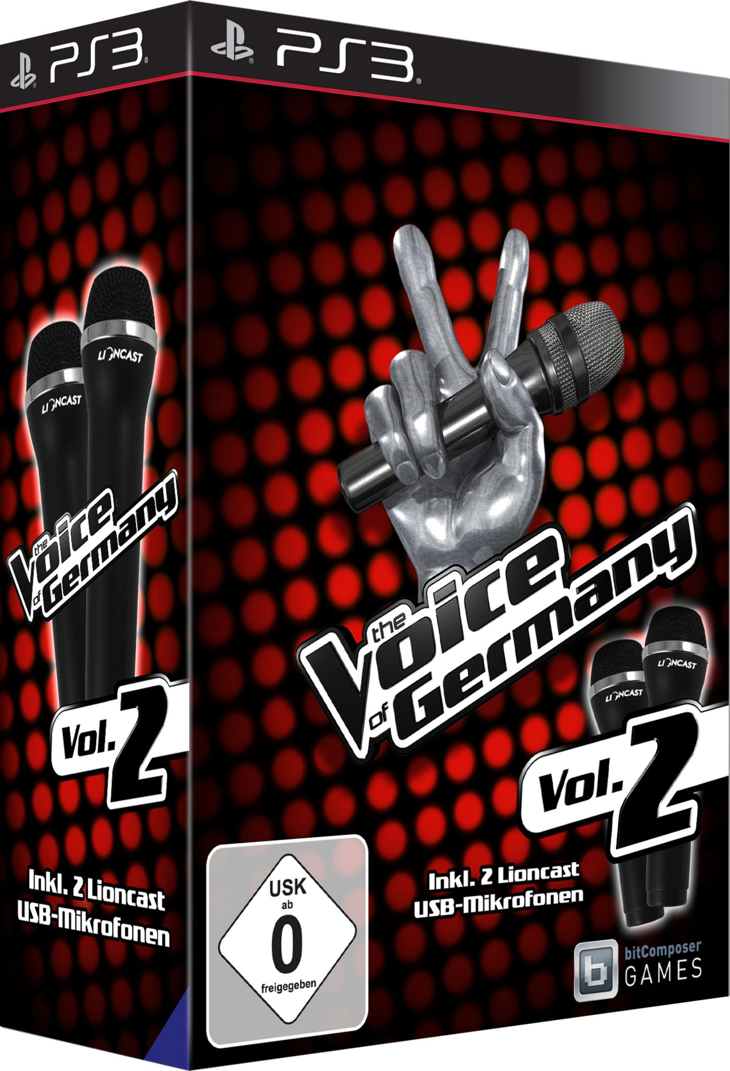 Die Hülle des PS3-Spiels 'The Voice of Germany Vol. 2' mit Mikrofonen. Enthält 2 USB-Mikrofone.