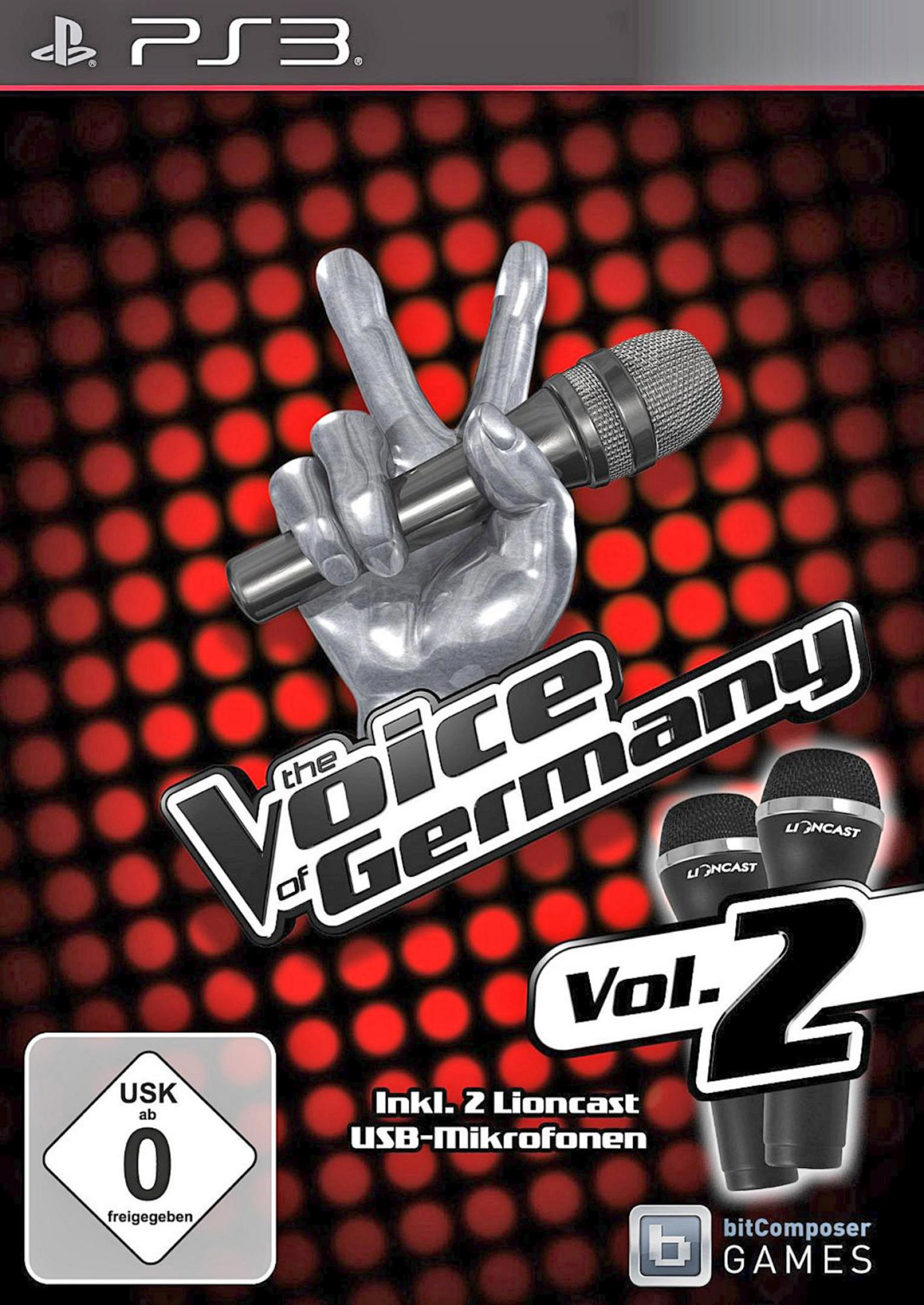 PS3-Spielcover: Silberne Hand hält Mikrofon, "The Voice of Germany Vol. 2".
