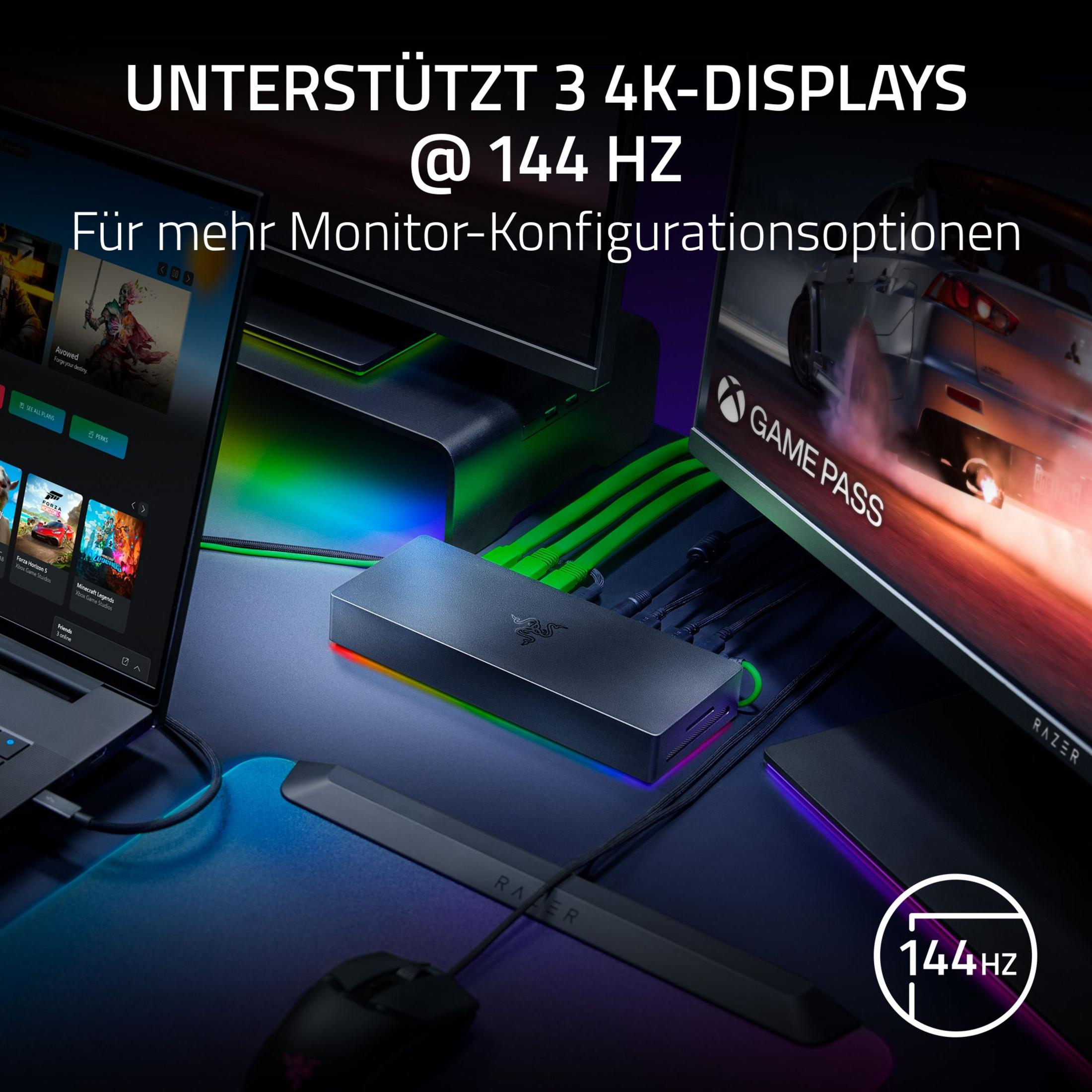 A gaming setup with three monitors, Razer devices, and an Xbox Game Pass screen.