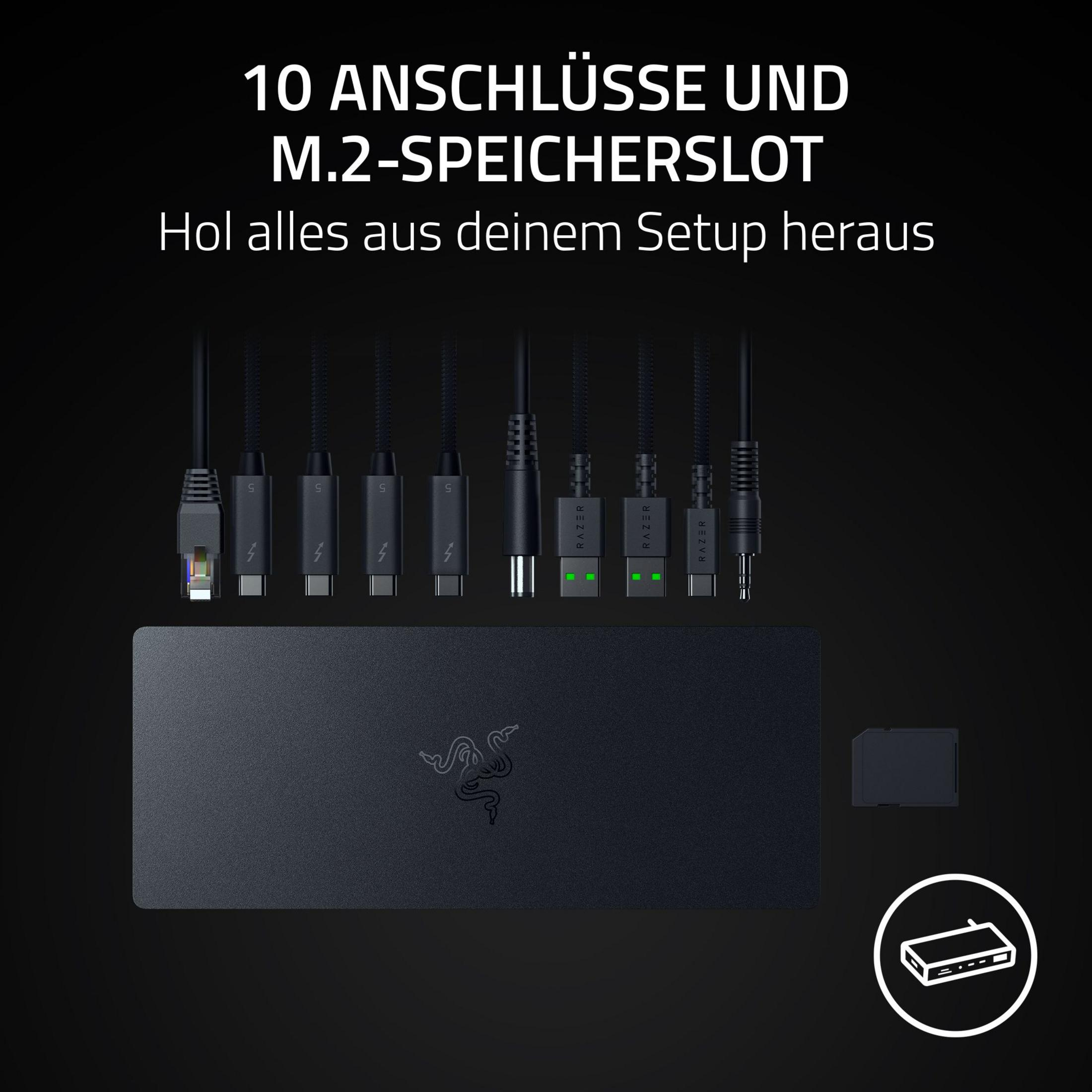 A black Razer dock with multiple ports and cables.
