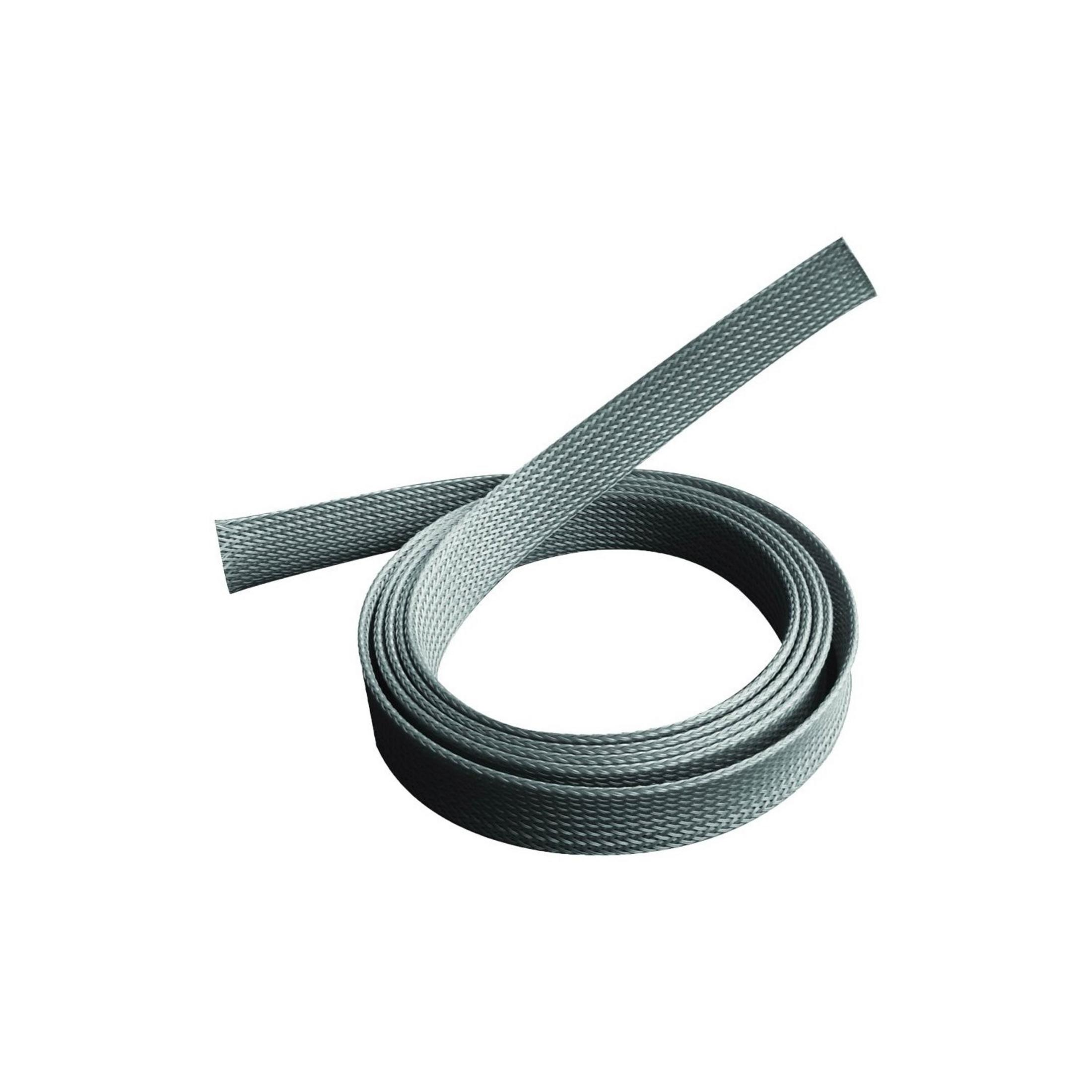 Un anello di tubo grigio intrecciato su sfondo bianco.