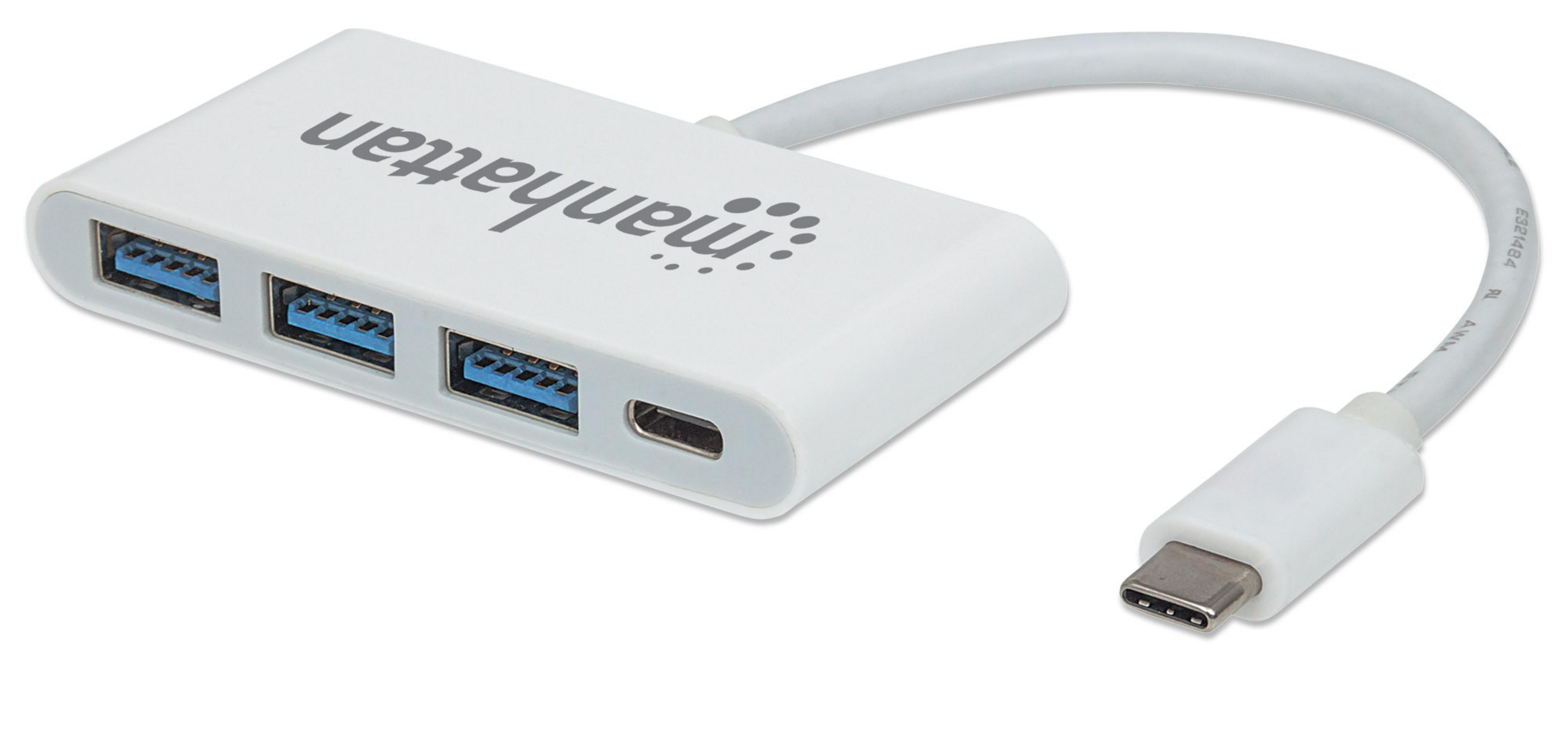 Un hub USB-C bianco con tre porte USB e una porta Micro-USB.