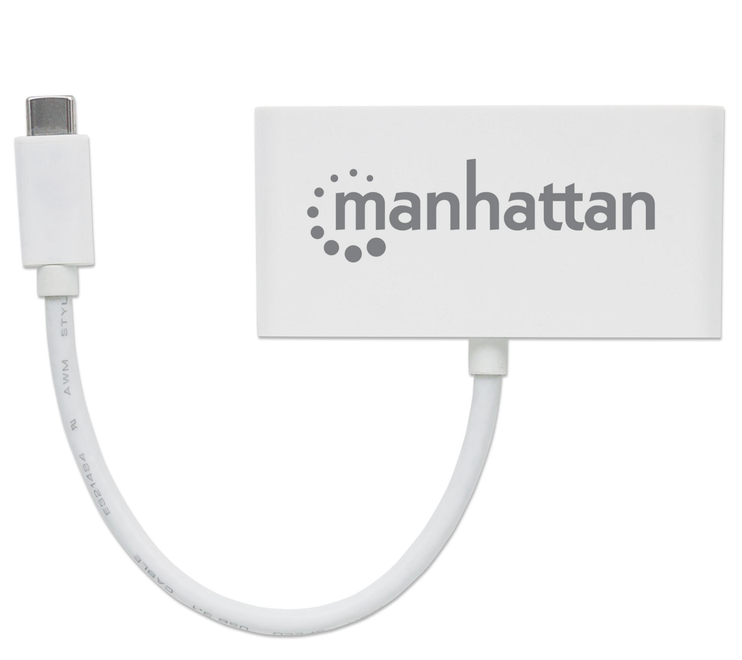 Adattatore USB-C Manhattan bianco con connettore argento e cavo bianco.