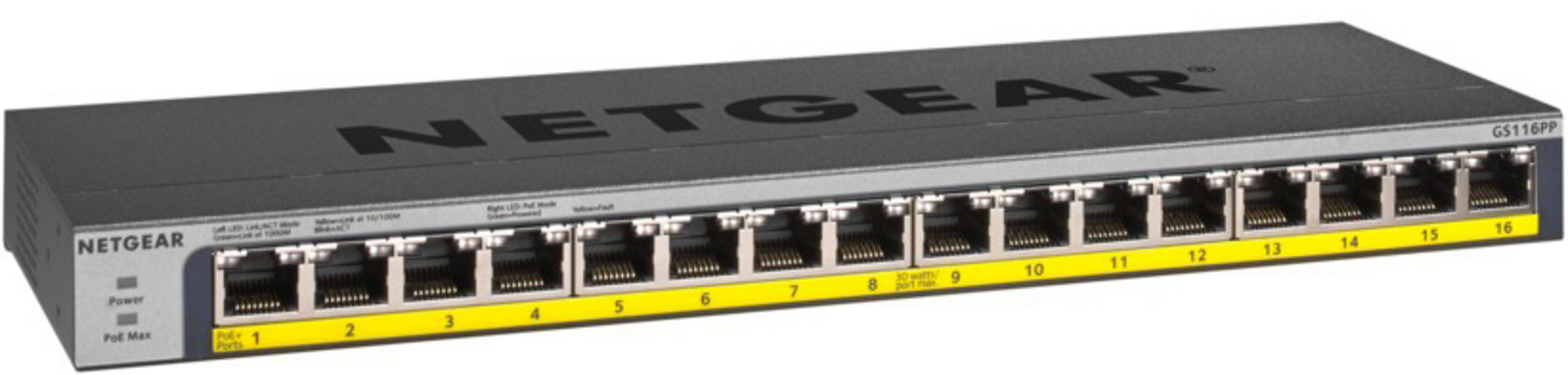 Uno switch di rete Netgear GS116PP grigio con 16 porte e frontale argentato.