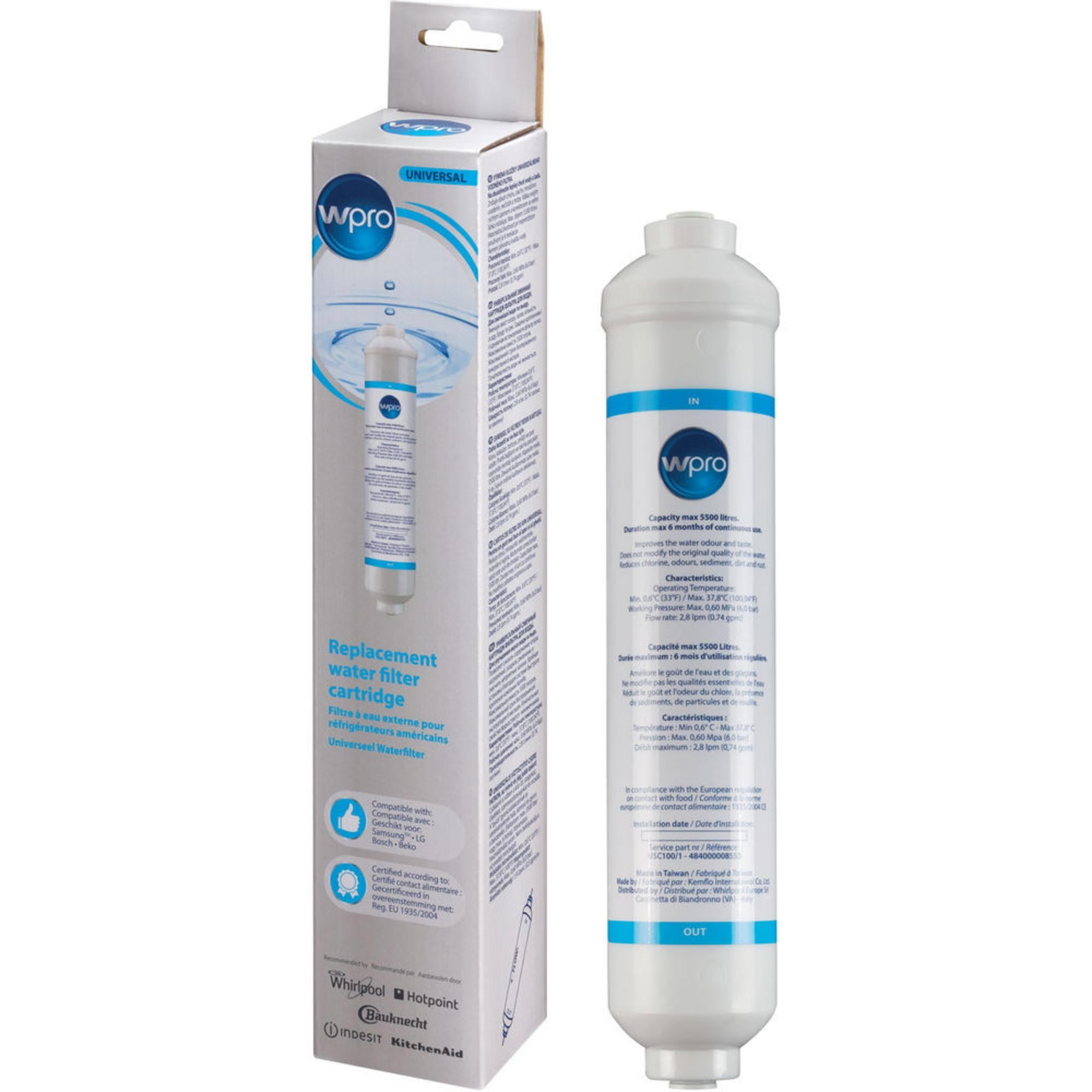 Ein weißer Wasserfilter und seine Verpackung sind nebeneinander abgebildet.