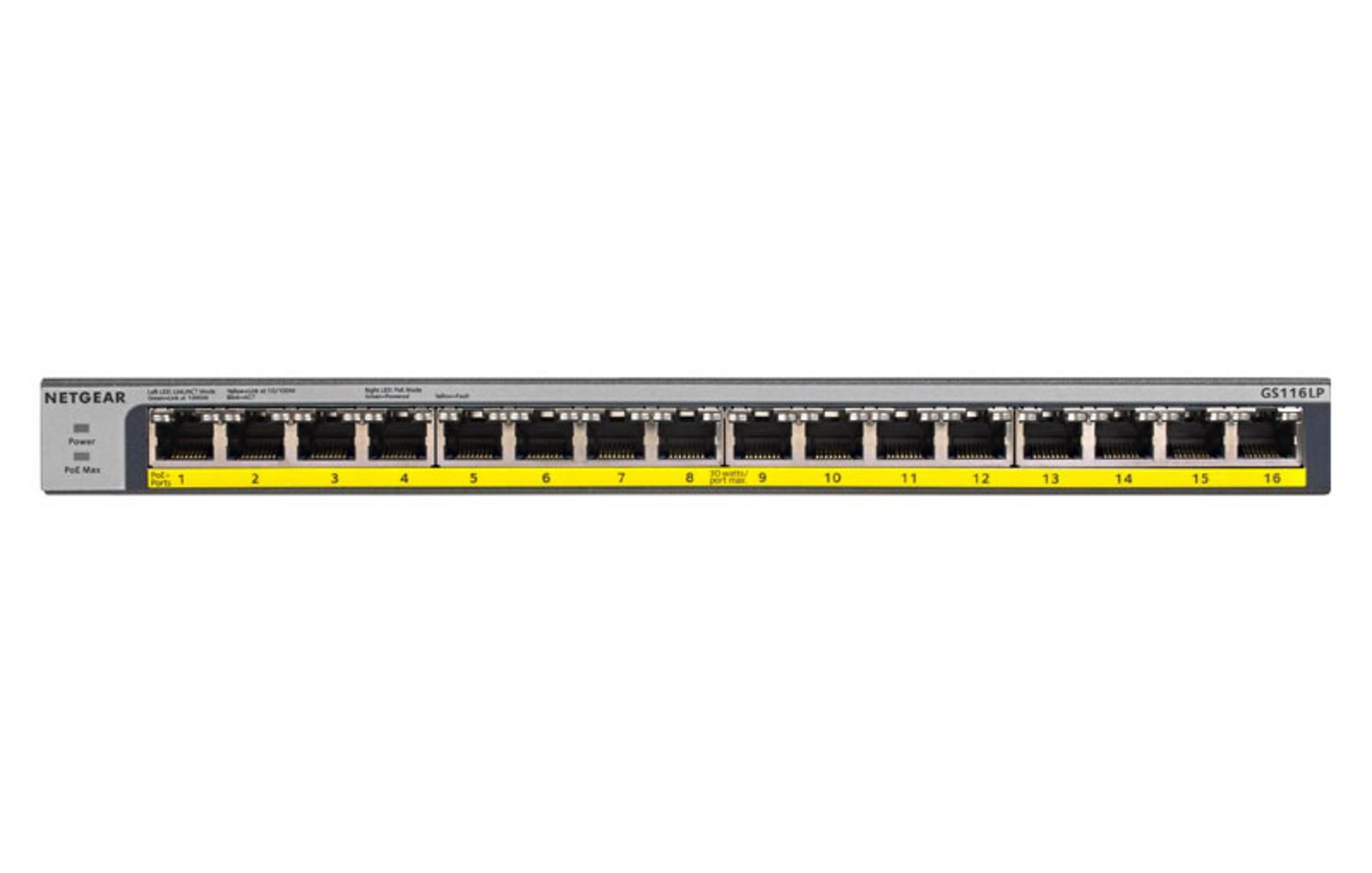 Uno switch di rete Netgear GS116LP con 16 porte, indicatori di alimentazione e PoE Max.