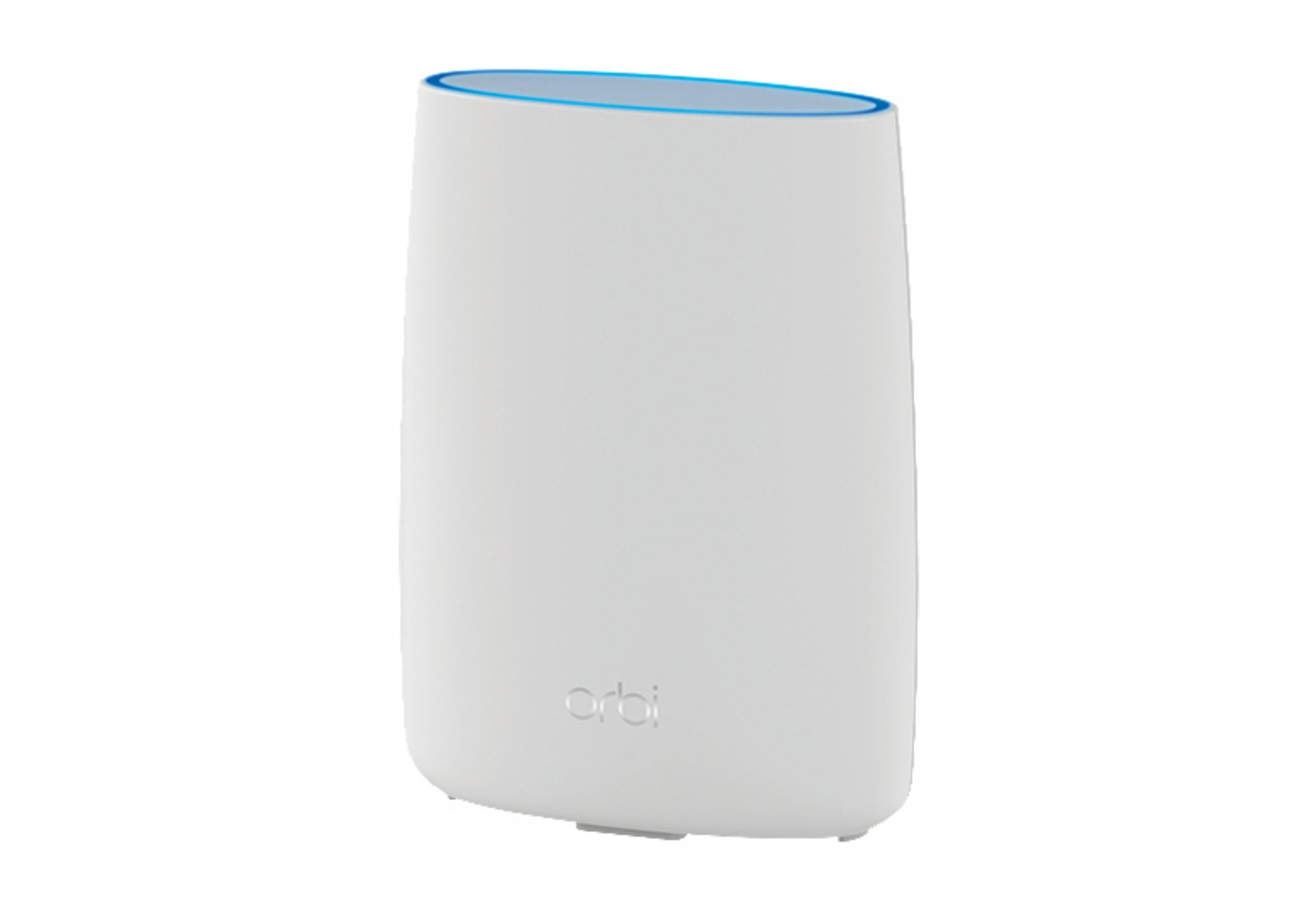 Un router Orbi bianco con luce blu in cima.