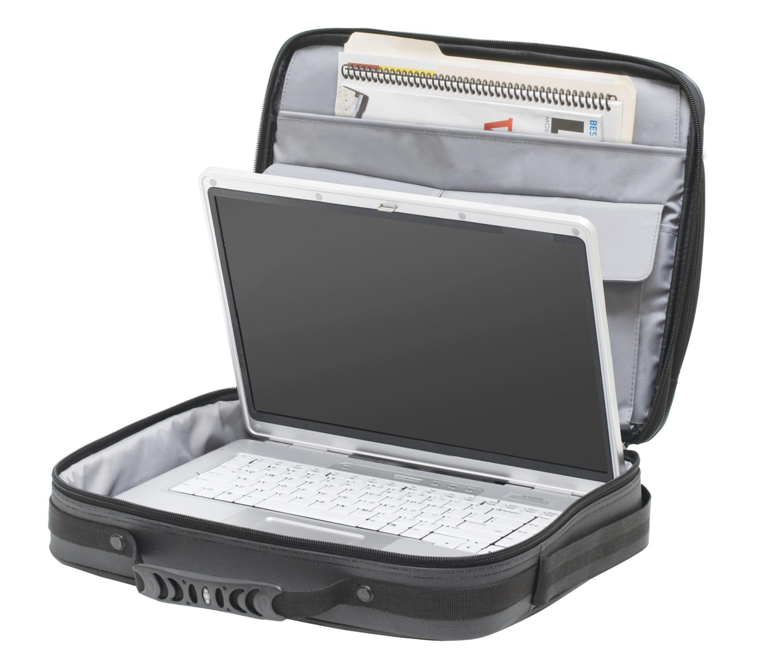 Ein geöffneter schwarzer Laptopkoffer mit einem Laptop und Dokumenten.