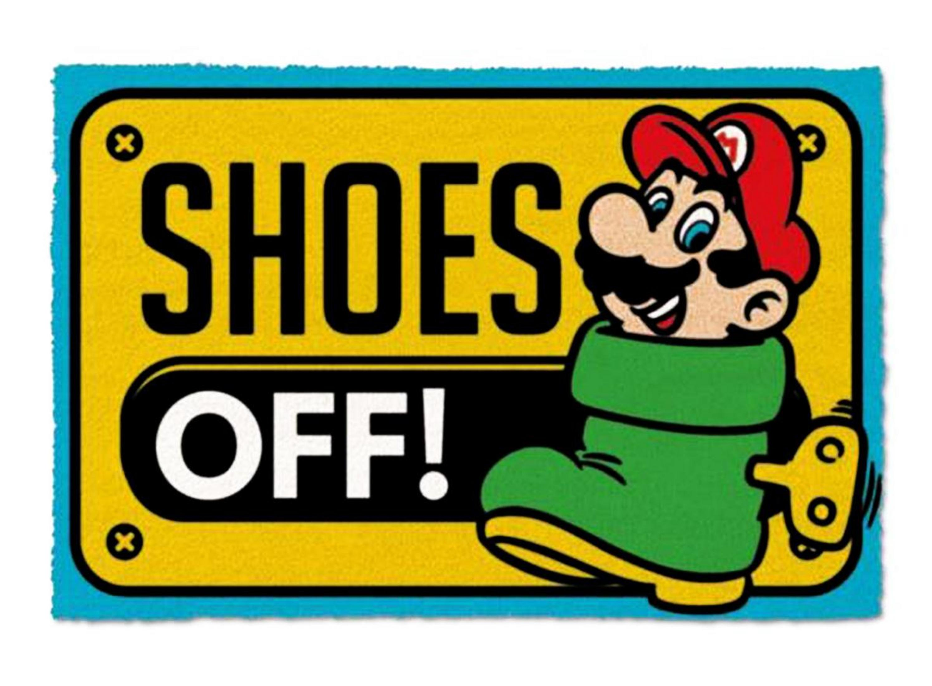 Mario steckt im Rohr, auf dem Schild steht "Schuhe aus!".