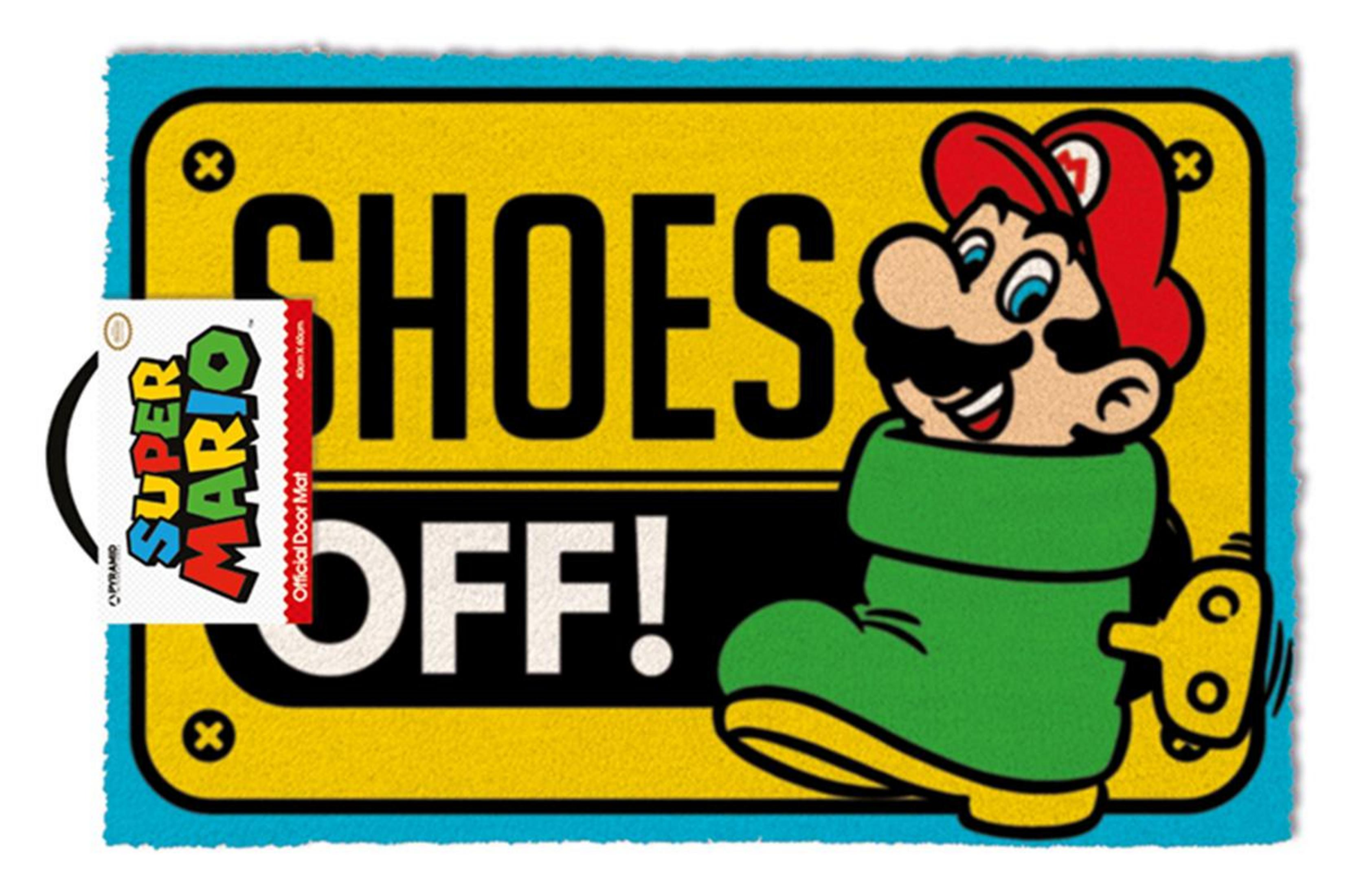 Super Mario-Fußmatte: Schuhe aus! Gelbe und blaue Matte mit Mario-Figur.