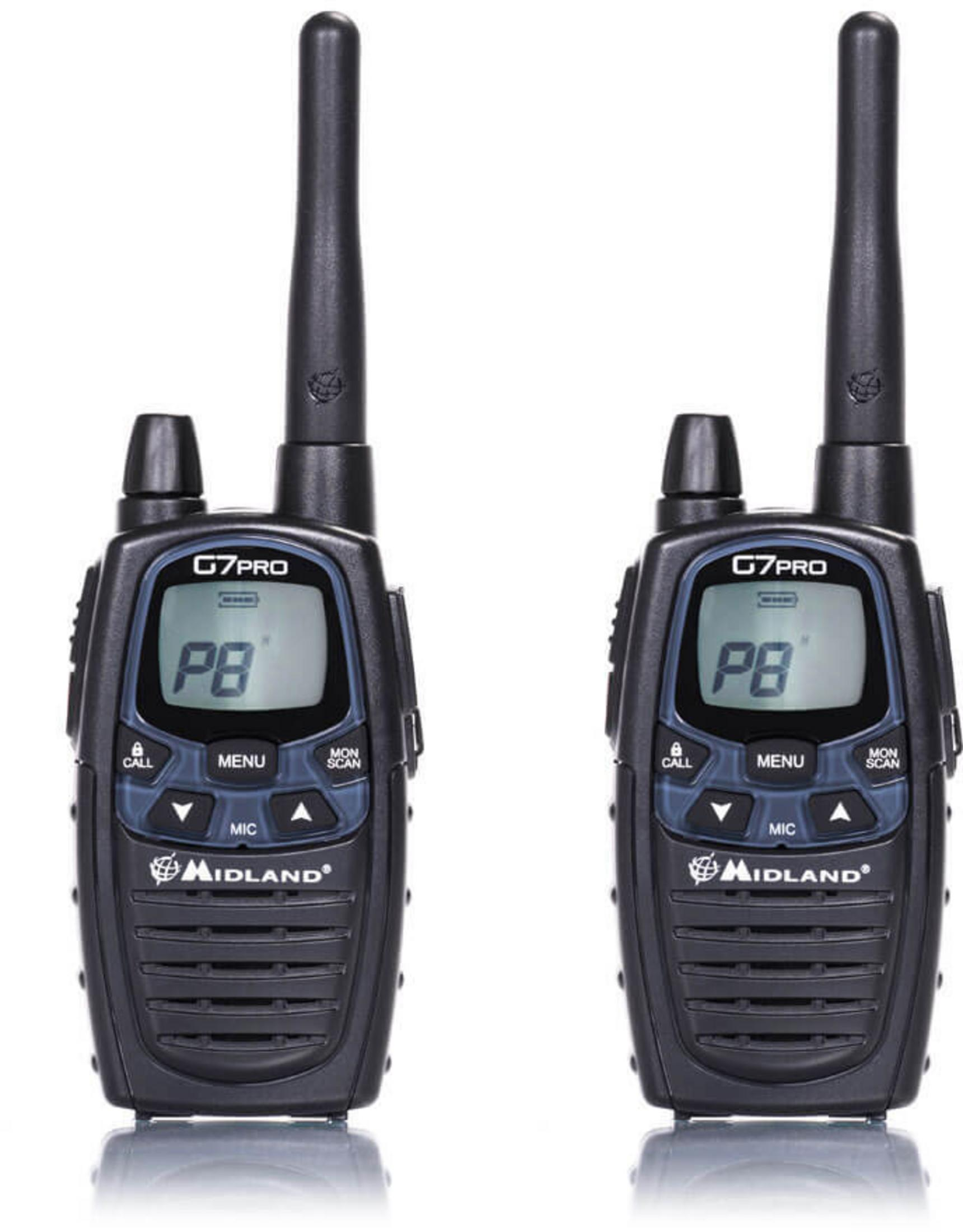 Dos walkie-talkies Midland G7PRO negros uno al lado del otro sobre fondo blanco.