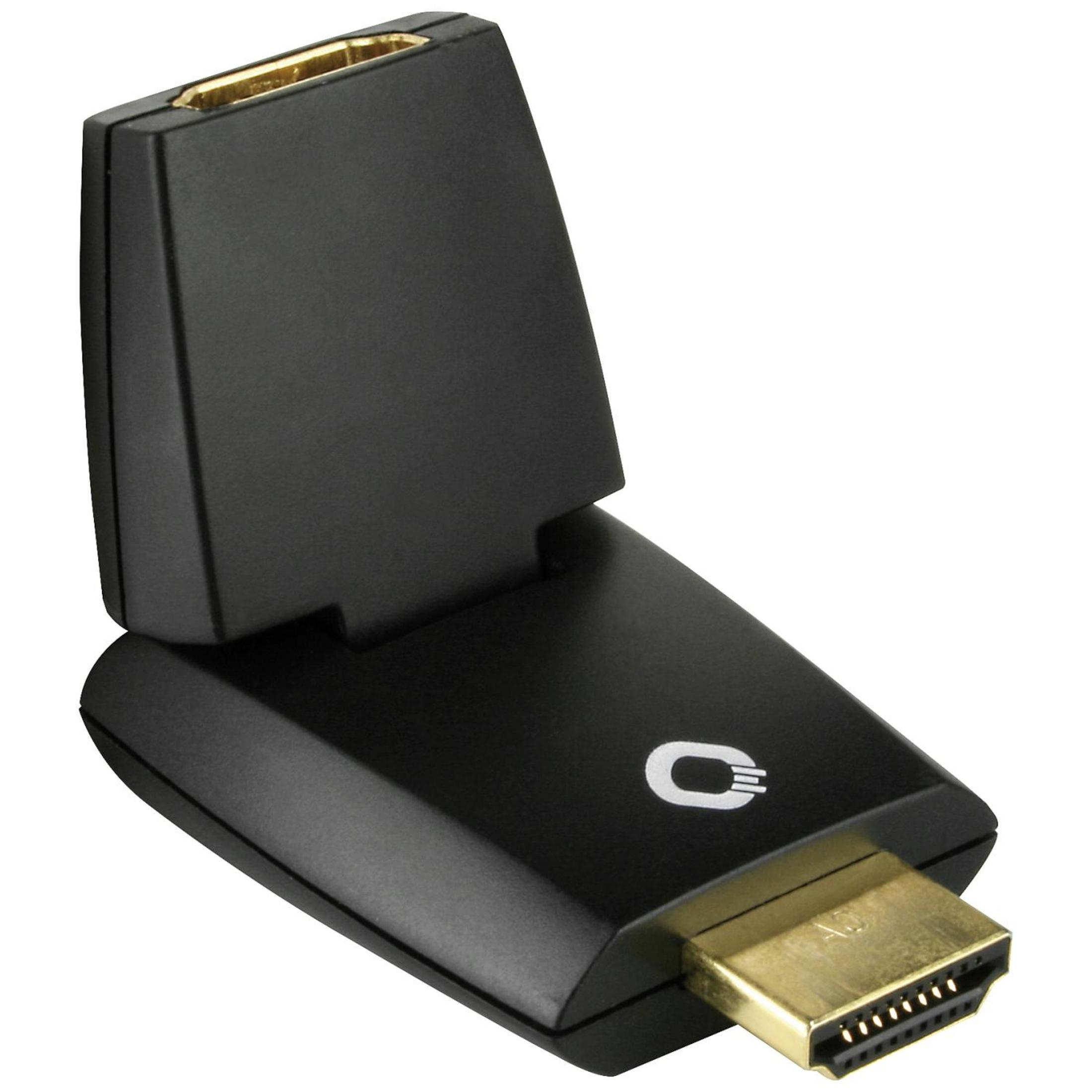 Un adattatore HDMI nero con connettori dorati e un logo.