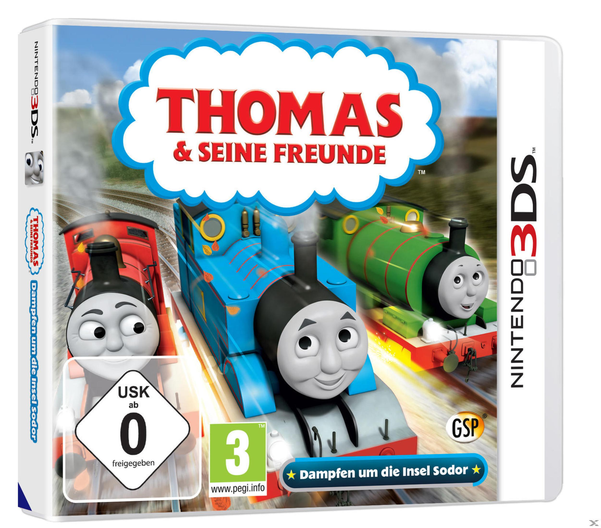 Thomas und seine Freunde Nintendo 3DS Hülle mit Dampflokomotiven auf Bahngleisen.
