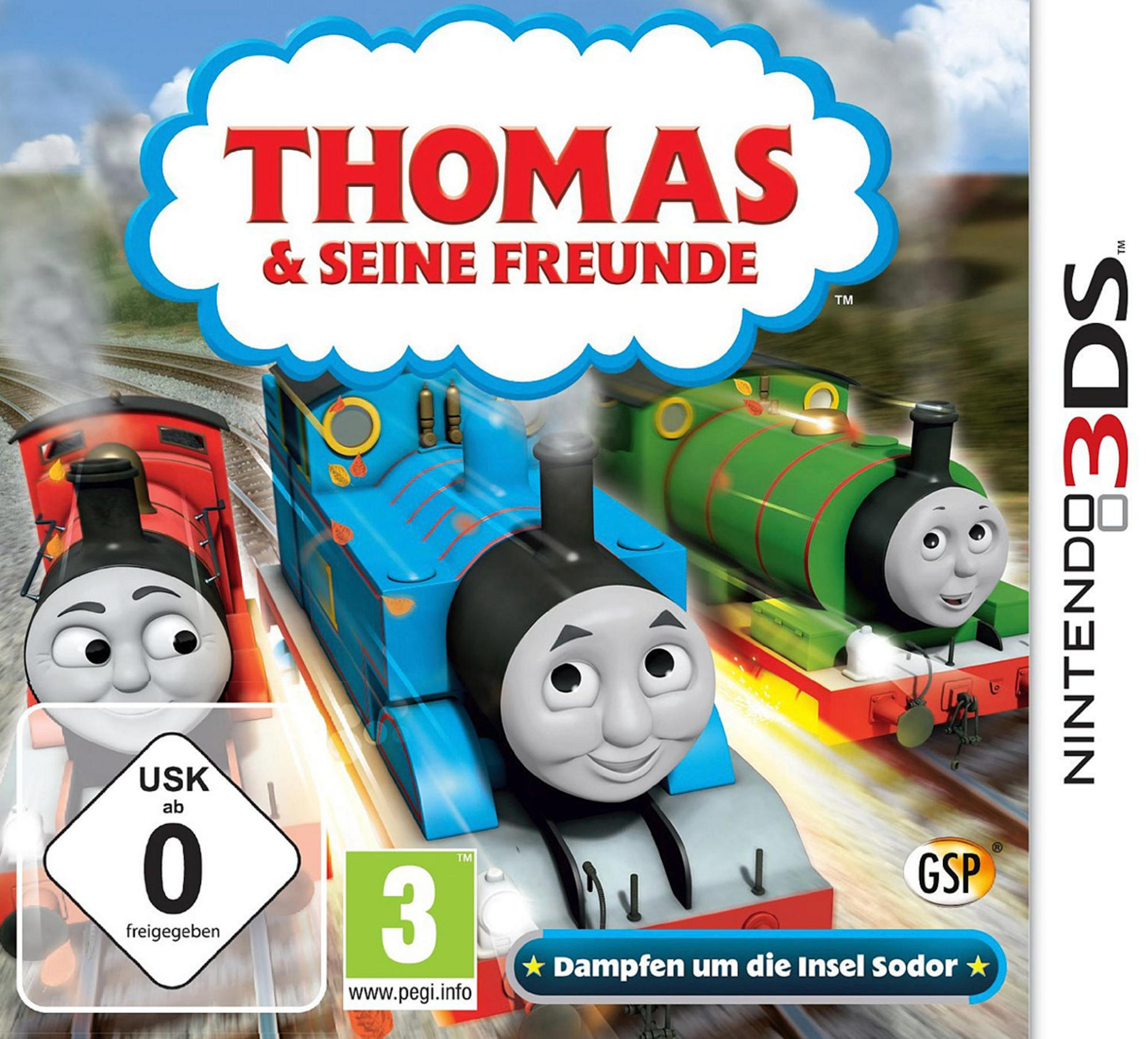 Thomas & seine Freunde Videospielcover mit roten, blauen und grünen Lokomotiven.