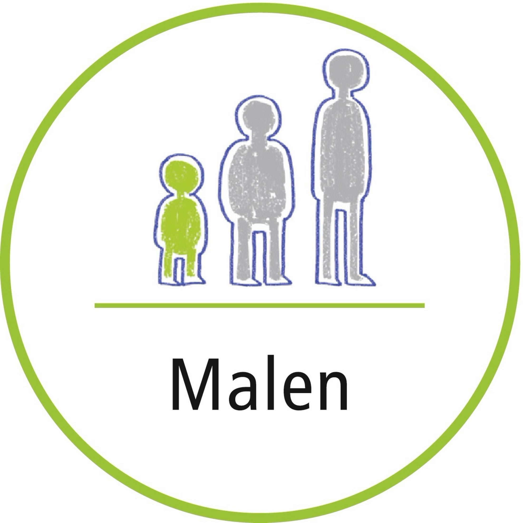 Drei stilisierte Figuren, klein, mittel und groß, vor dem Wort Malen.