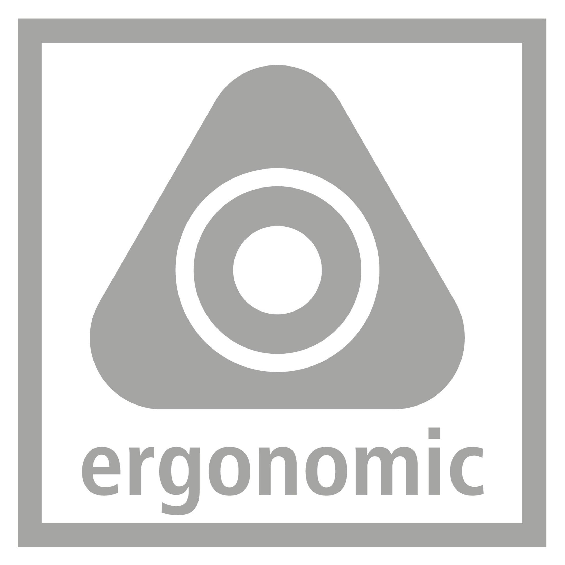 Graues Dreieck mit Kreisen darin. Unten steht das Wort 'ergonomic'.