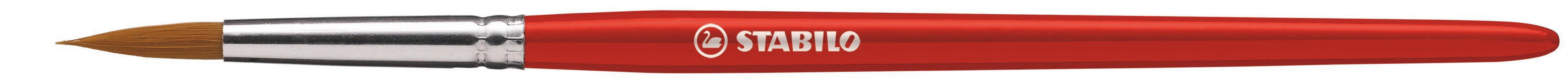 Ein roter Pinsel mit braunen Borsten und silberner Zwinge, mit dem STABILO-Logo.