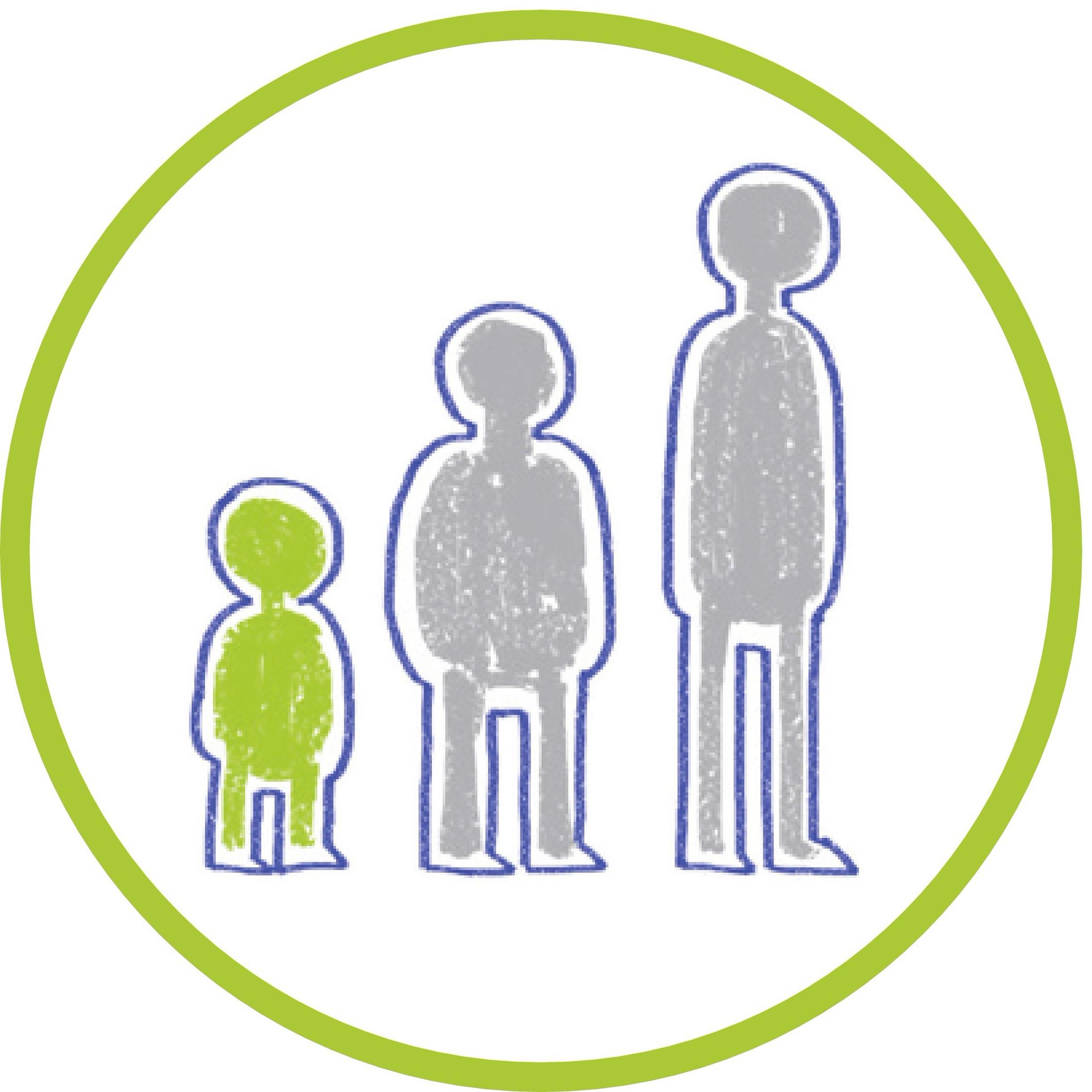 Drei schematische Figuren wachsen von links nach rechts.