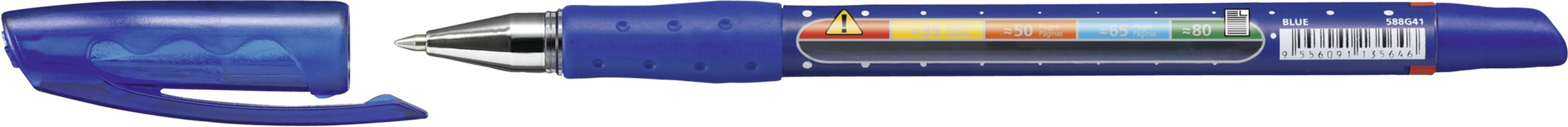 Blaue Stiftkappe neben einem blauen Kugelschreiber mit Tintenanzeige.