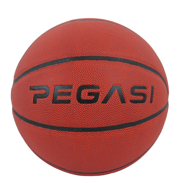 Een rode basketbal met zwarte lijnen en de tekst PEGASI.