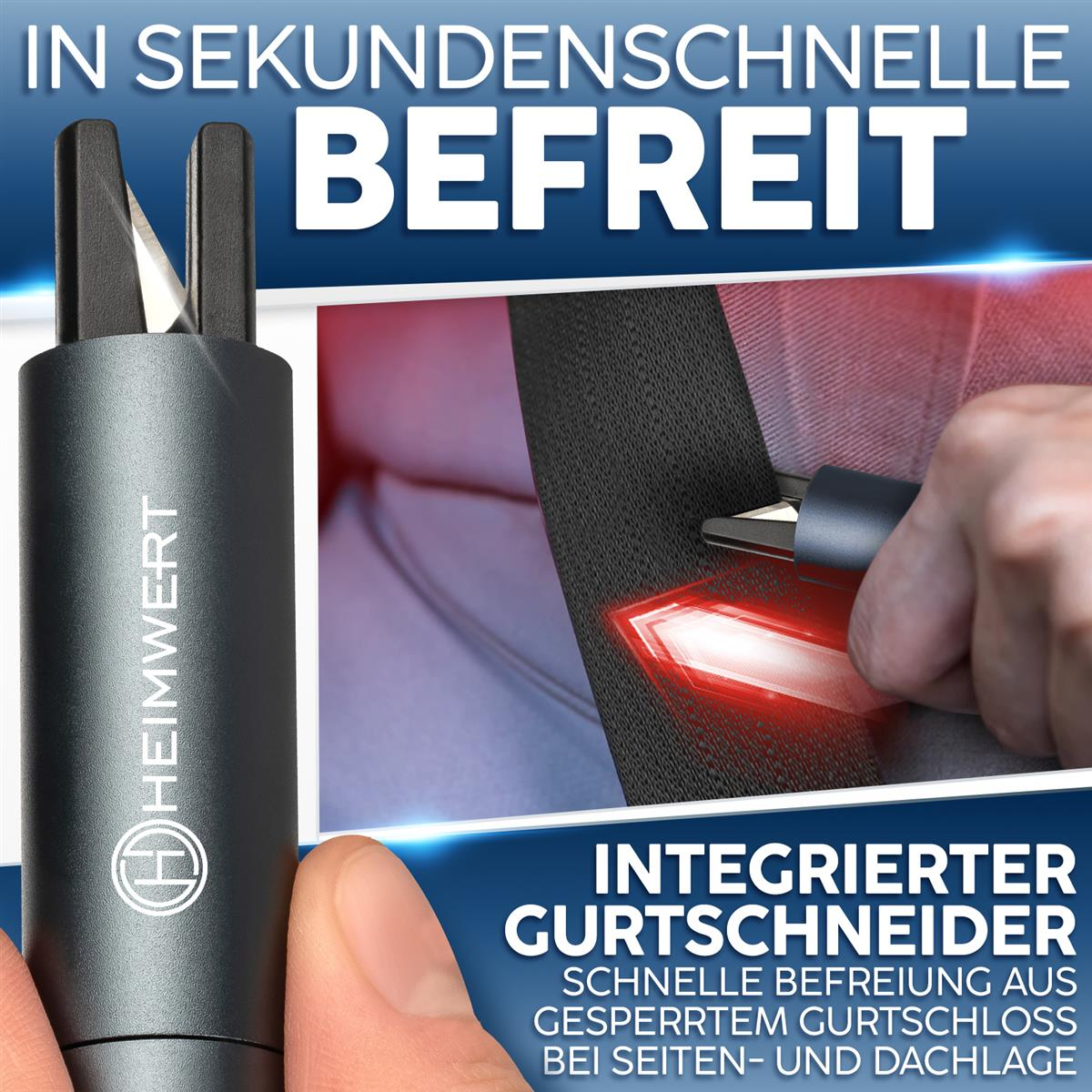 Ein schwarzer Gurtenschneider mit dem Logo von Heimwert wird gezeigt.