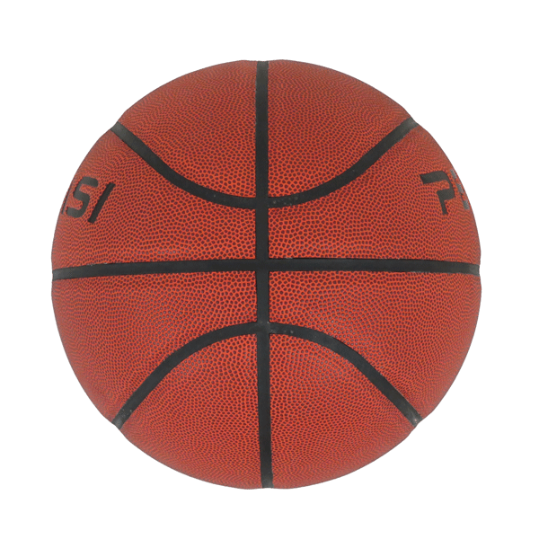 Een oranje basketbal met zwarte lijnen en logo's op een witte achtergrond.