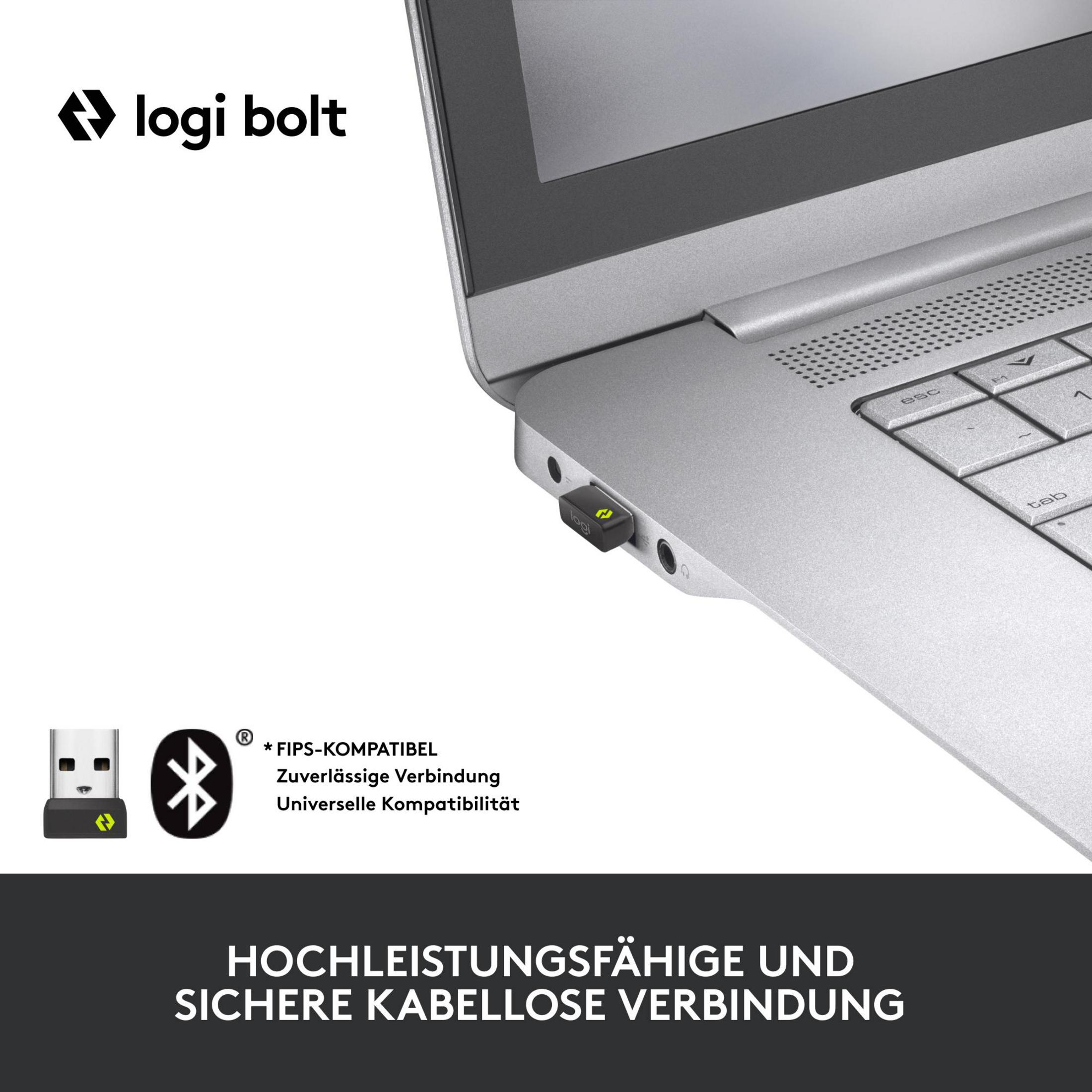 Logi Bolt USB-Empfänger steckt in einem Laptop. Logos und Text.