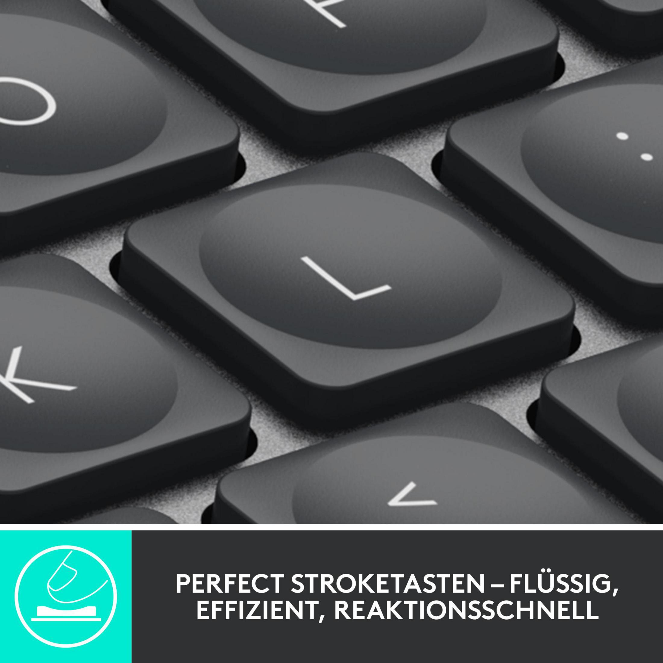 Nahaufnahme schwarzer Tastenkappen mit Buchstaben L und Pfeilen, unten Logo.
