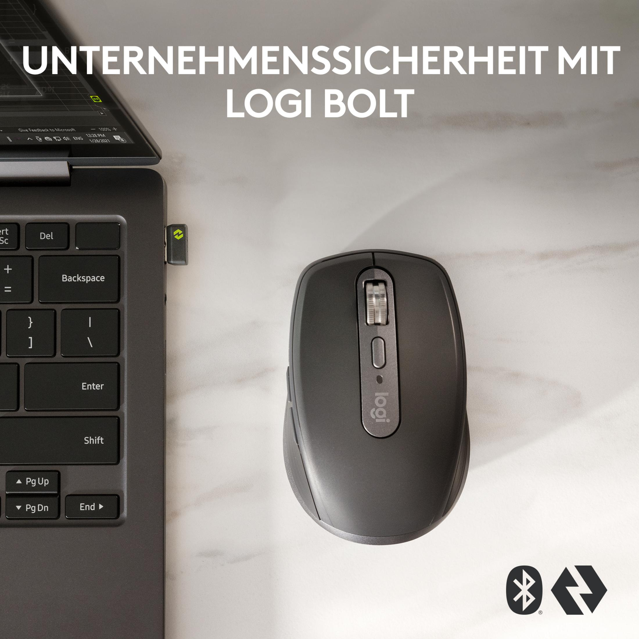 Un laptop con un ricevitore USB Logi Bolt e un mouse su marmo.
