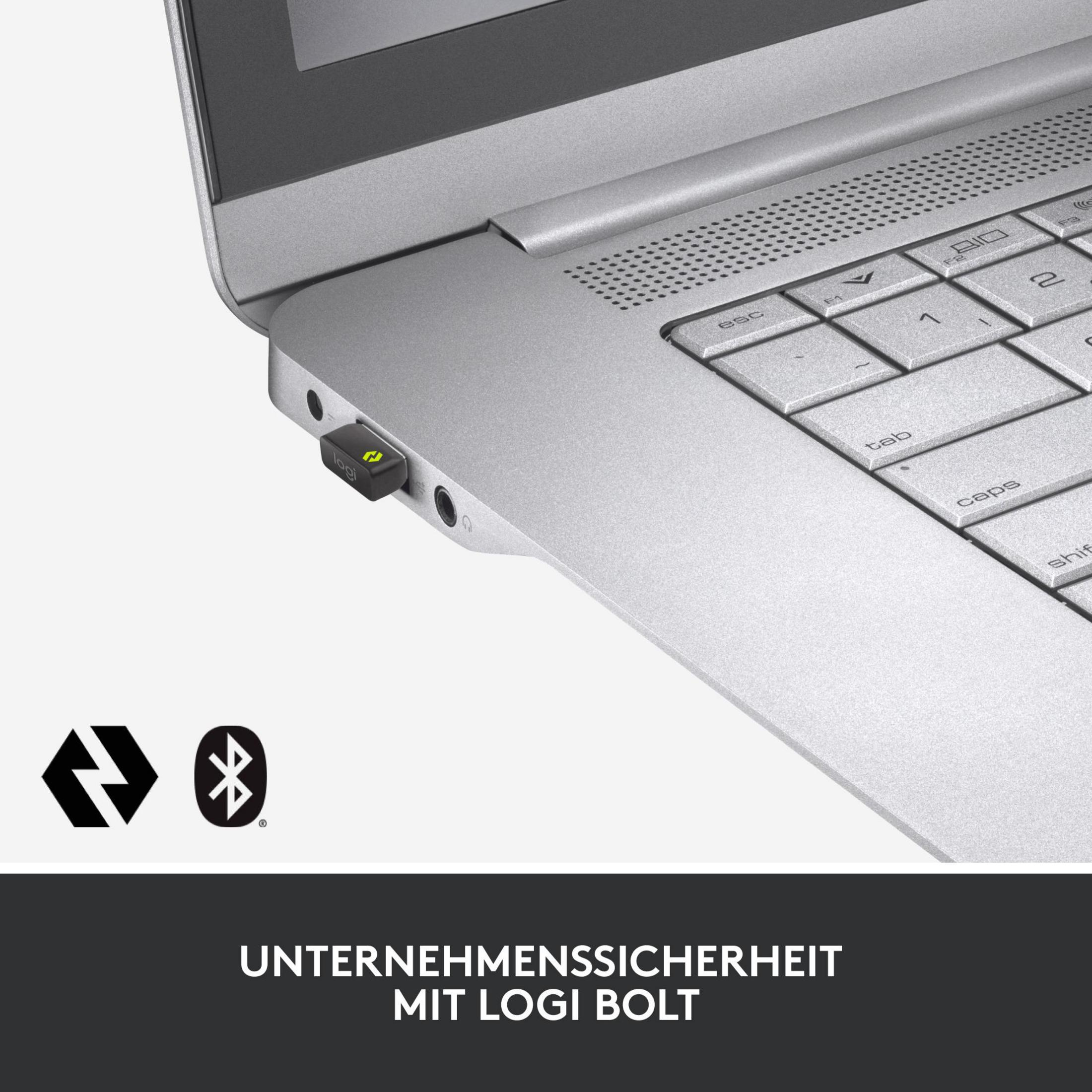 Un ricevitore Logi Bolt è inserito in un laptop. Sotto ci sono icone e testo.