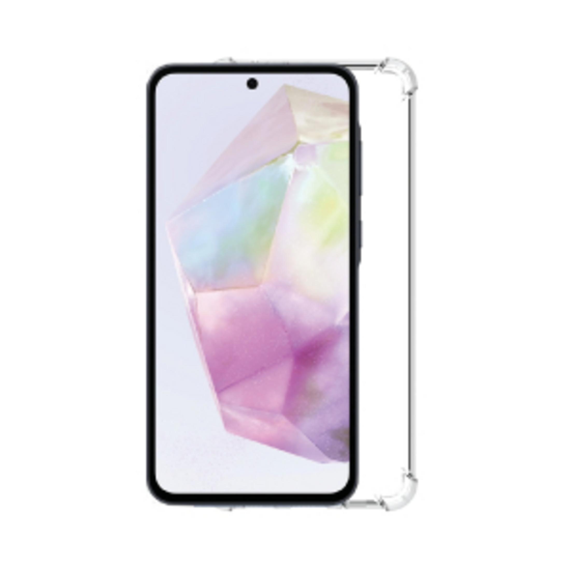 Una funda de teléfono transparente con un fondo estilizado y colorido.