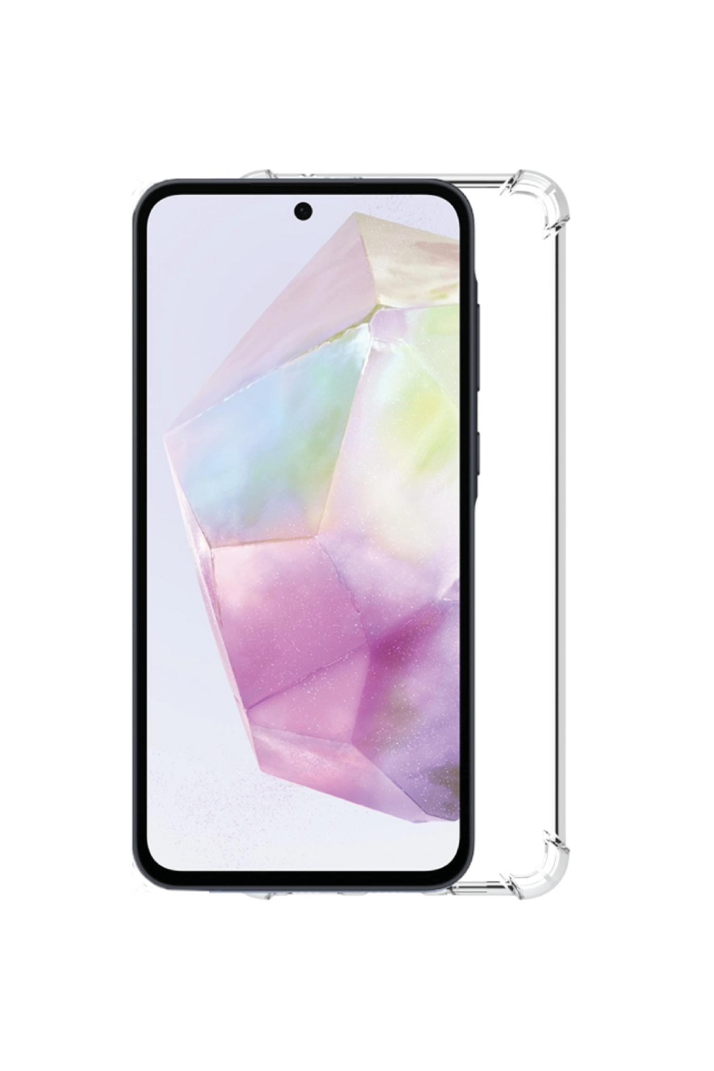 Una funda transparente junto a un smartphone con fondo de cristal colorido.