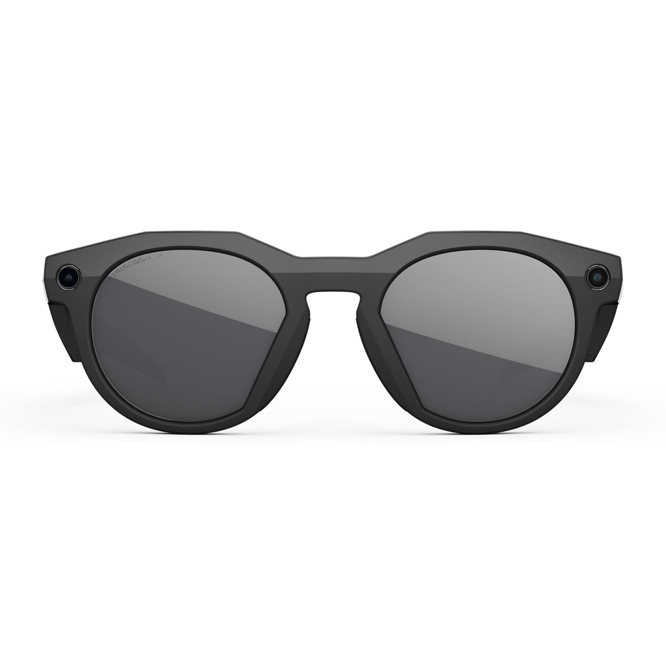 Schwarze Sonnenbrille mit zwei Kameras, auf weißem Hintergrund.