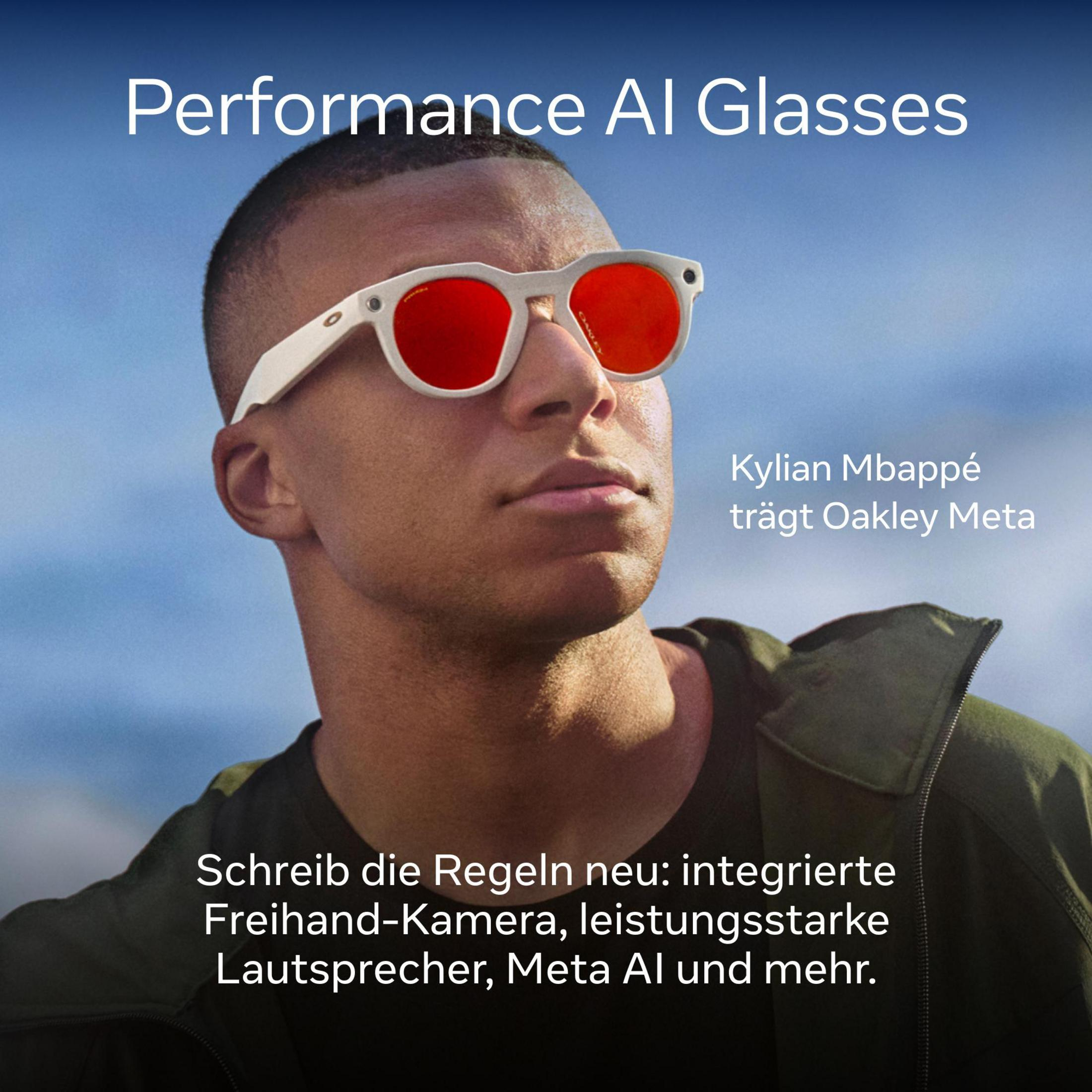 Kylian Mbappé trägt Oakley Meta Performance AI Brillen.