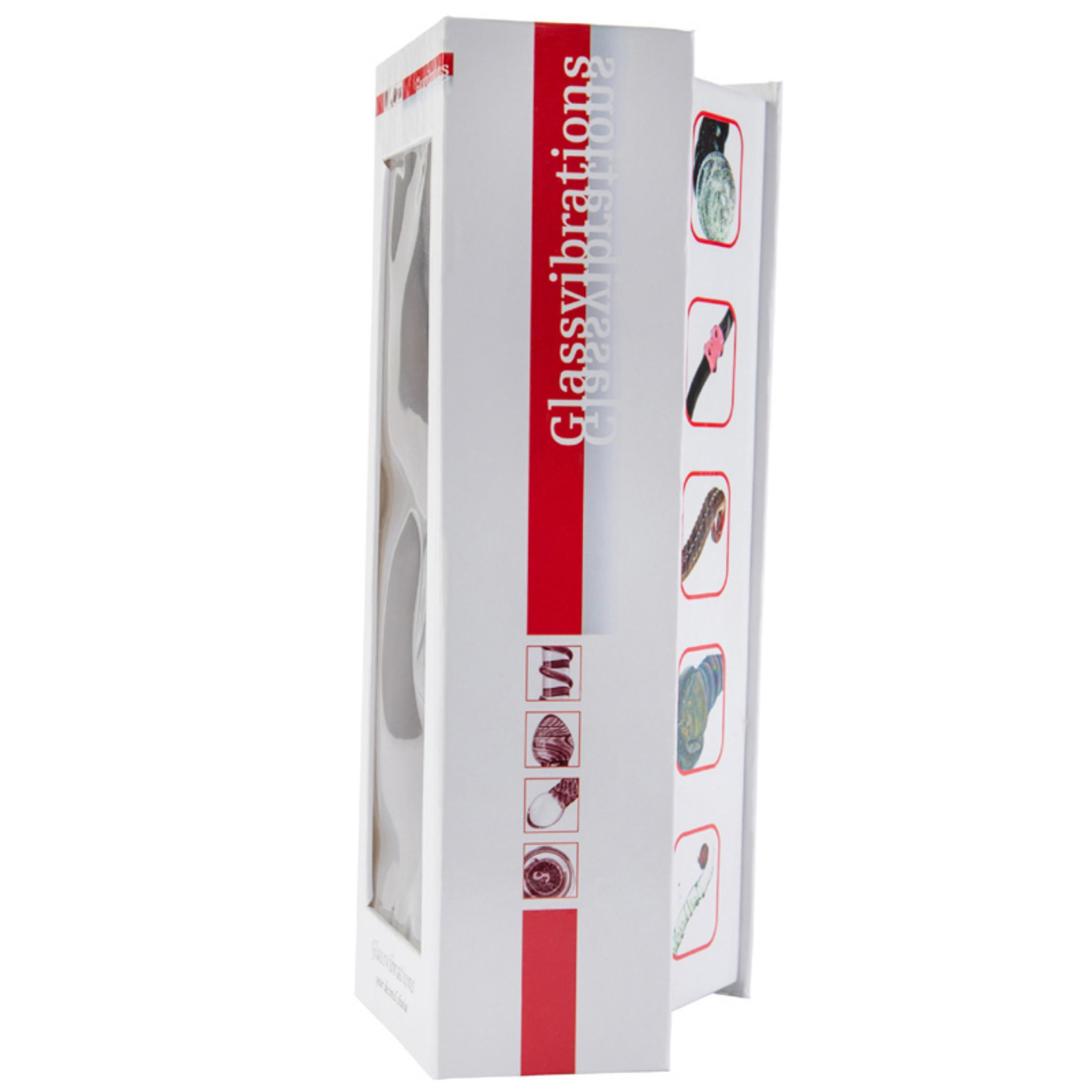 Weiße Verpackung mit roten Streifen und Bildern von Produkten. Aufschrift: Glassvibrations.