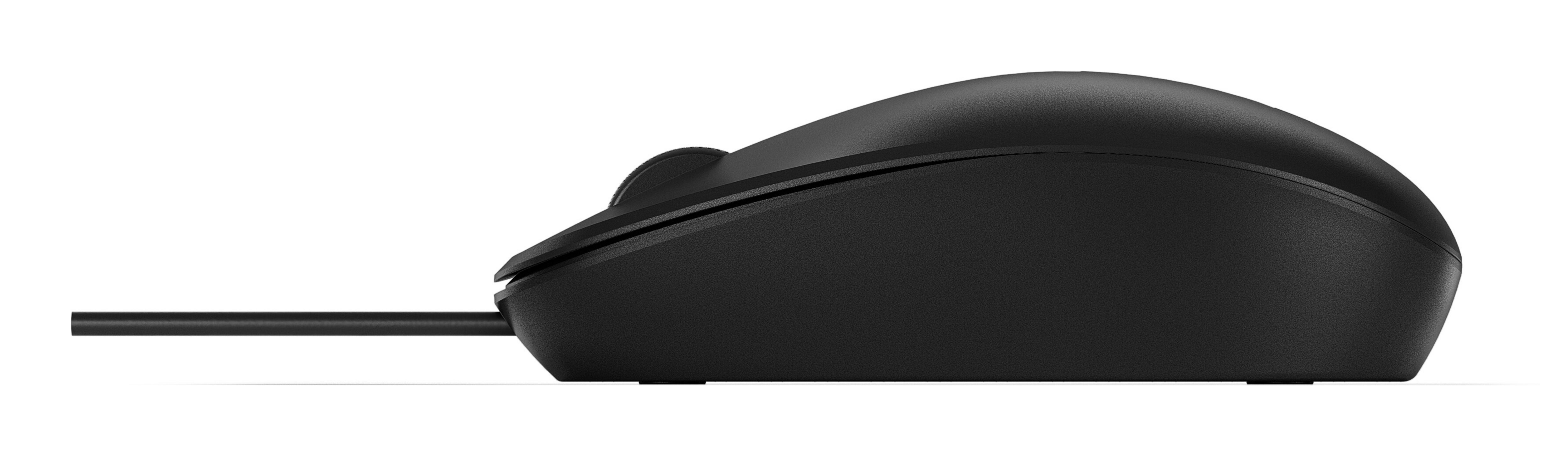 Black computer mouse with a scroll wheel, seen from the side, on a white background.
