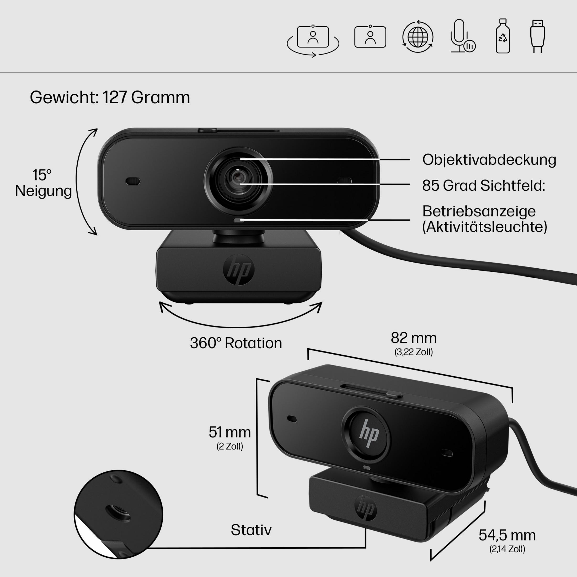 Webcam HP nera con dimensioni, inclinazione di 15° e rotazione di 360°.