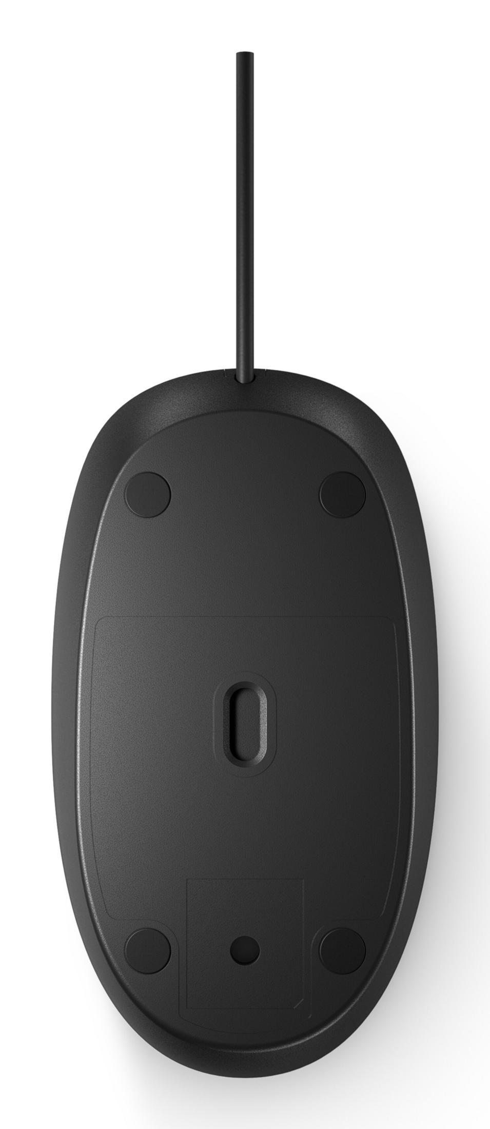 Underside of a black computer mouse with a cord, featuring glide pads and sensor opening.