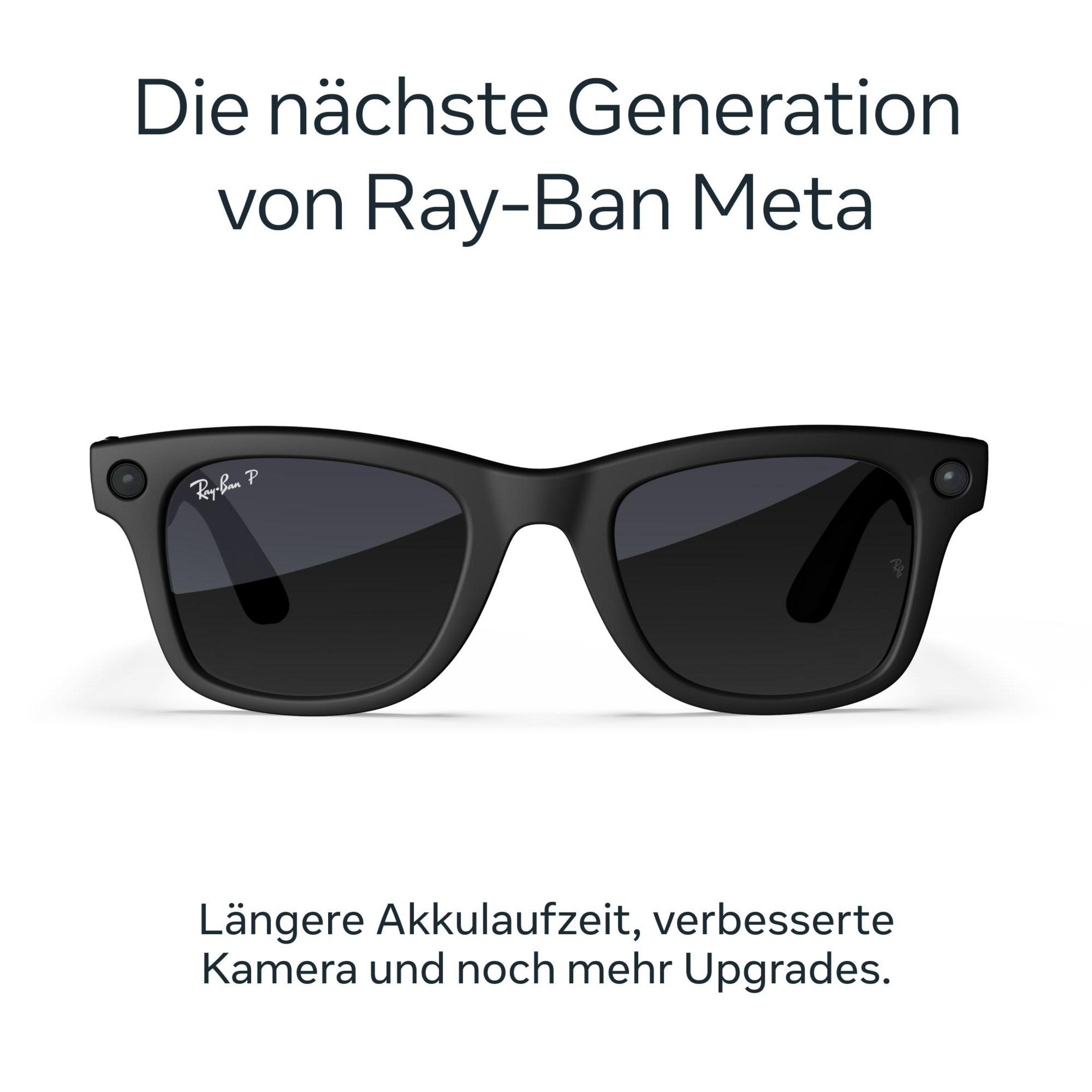 Occhiali smart Ray-Ban Meta neri con fotocamera e maggiore durata della batteria.