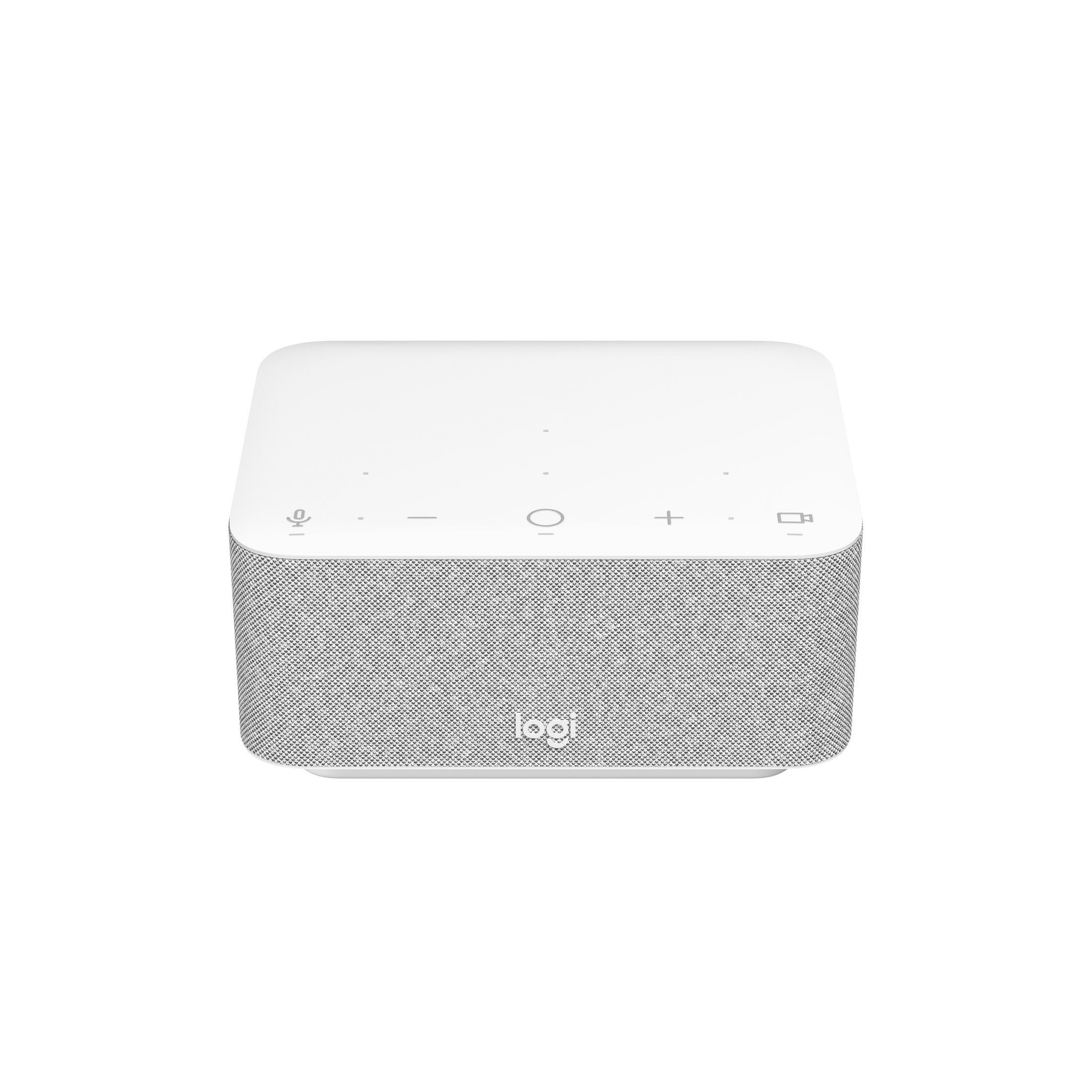 Un altoparlante Logitech bianco con tessuto grigio e pulsanti di controllo sopra.
