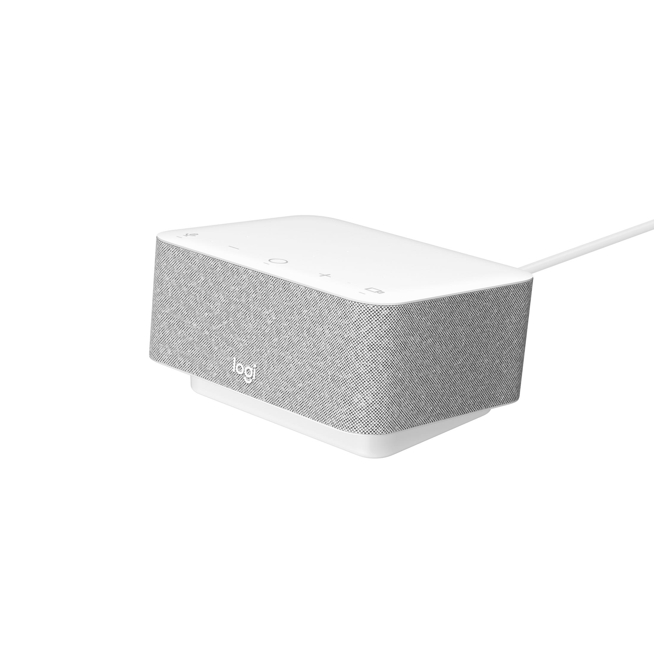 Un altoparlante bianco con copertura in tessuto grigio e cavo bianco.