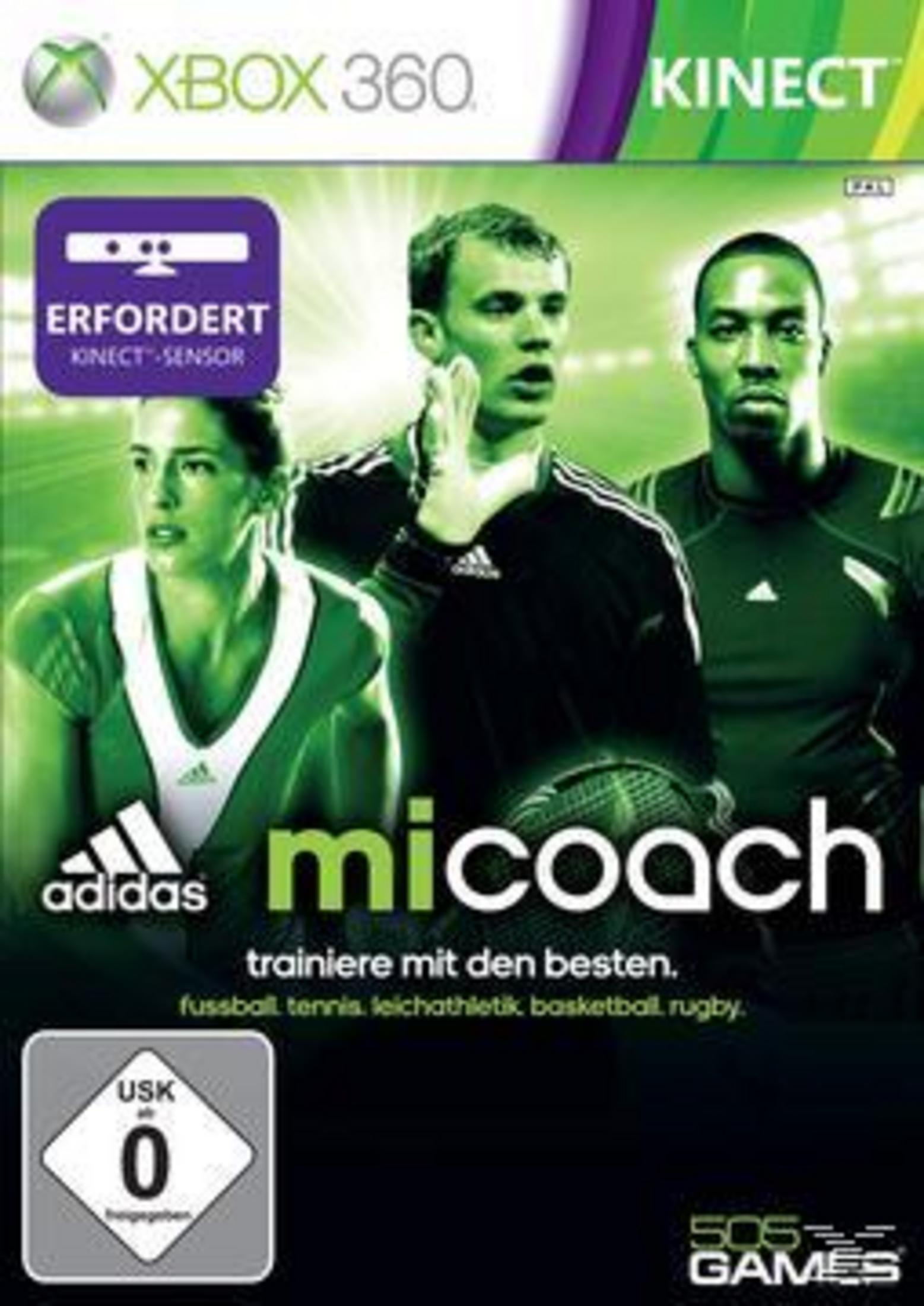 Xbox 360 Micoach Spielcover mit drei Sportlern, Kinect-Logo und USK-Siegel.
