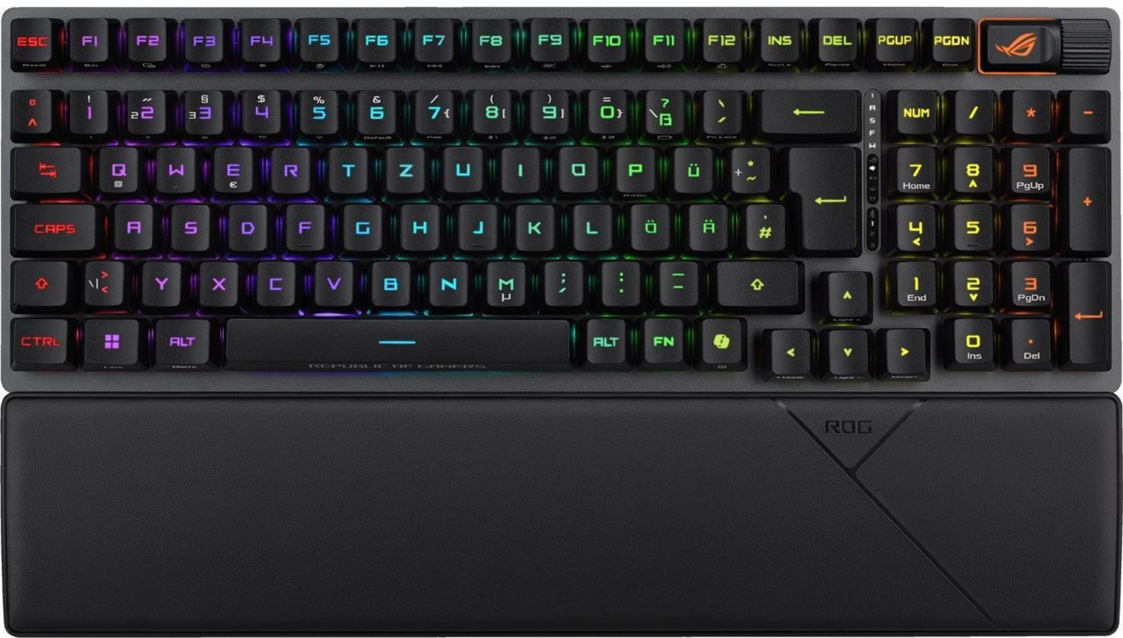 Una tastiera gaming nera con retroilluminazione RGB e poggiapolsi.