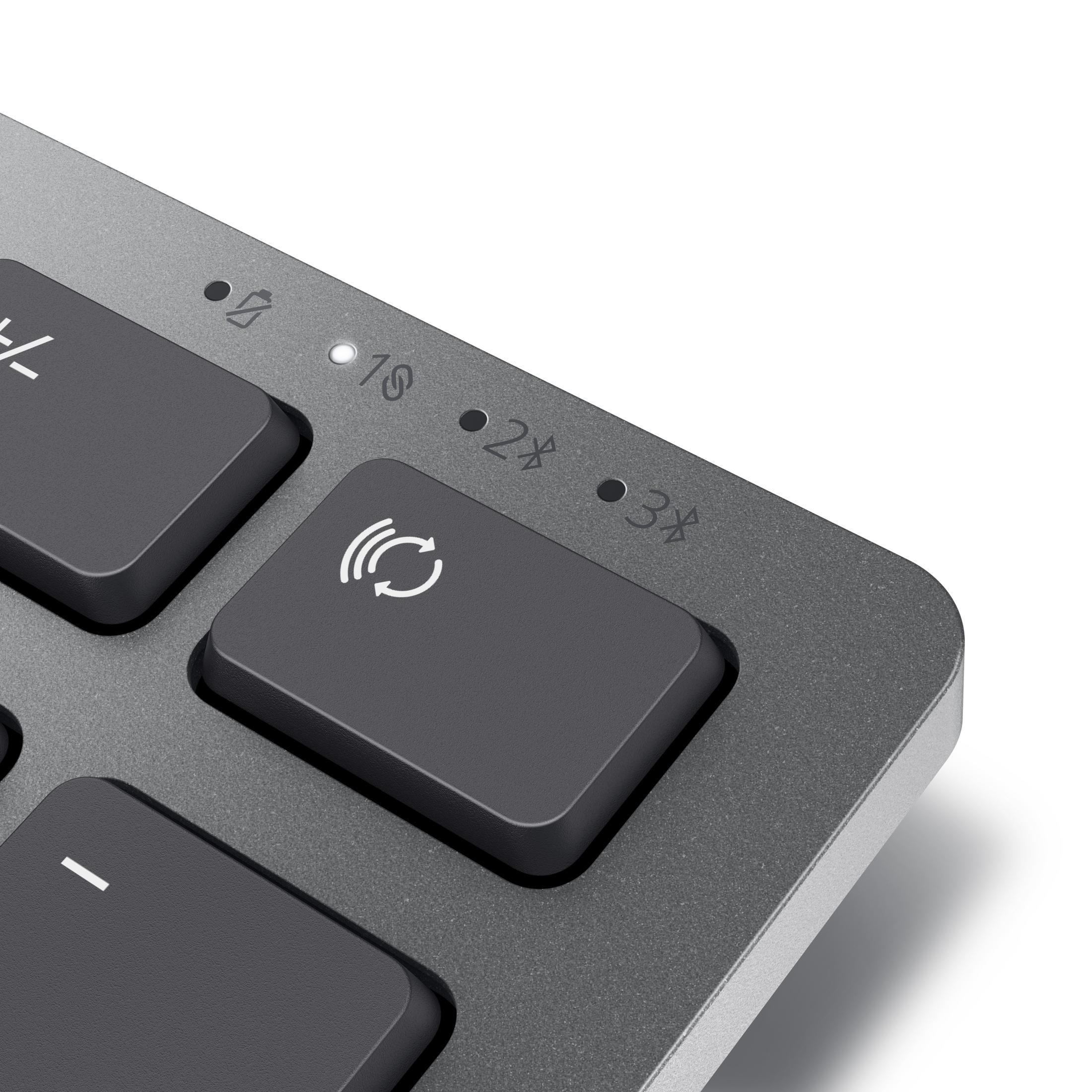 Nahaufnahme einer dunkelgrauen Tastatur mit Tasten mit Symbolen und Statusleuchten.