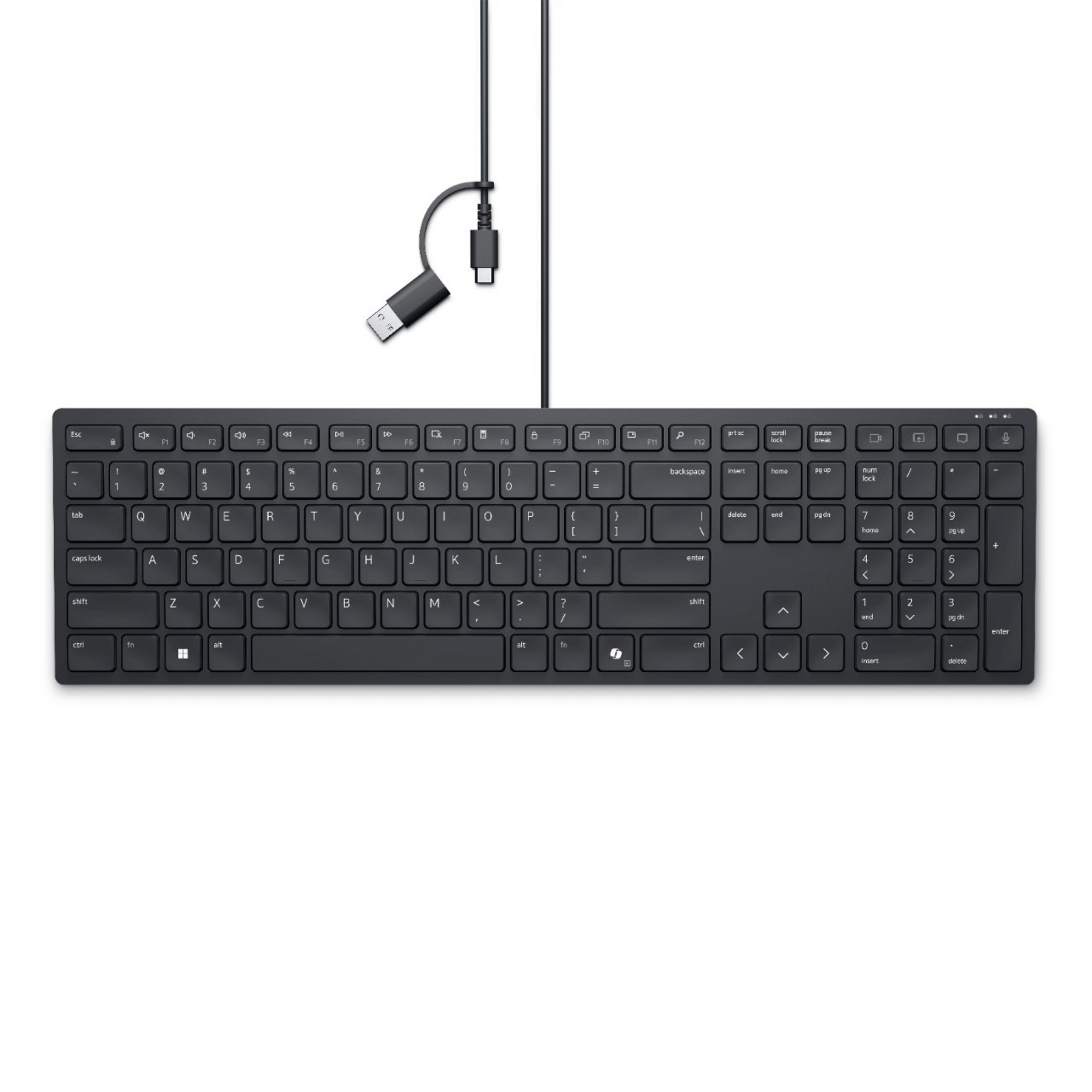 Tastiera nera cablata con tastierino numerico e connettore USB.